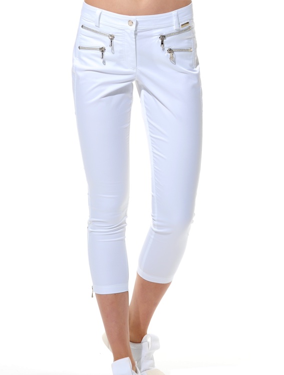 shiny stretch double zip cropped pants white 