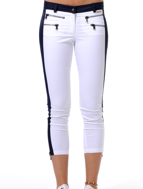 shiny stretch double zip cropped pants white/navy 