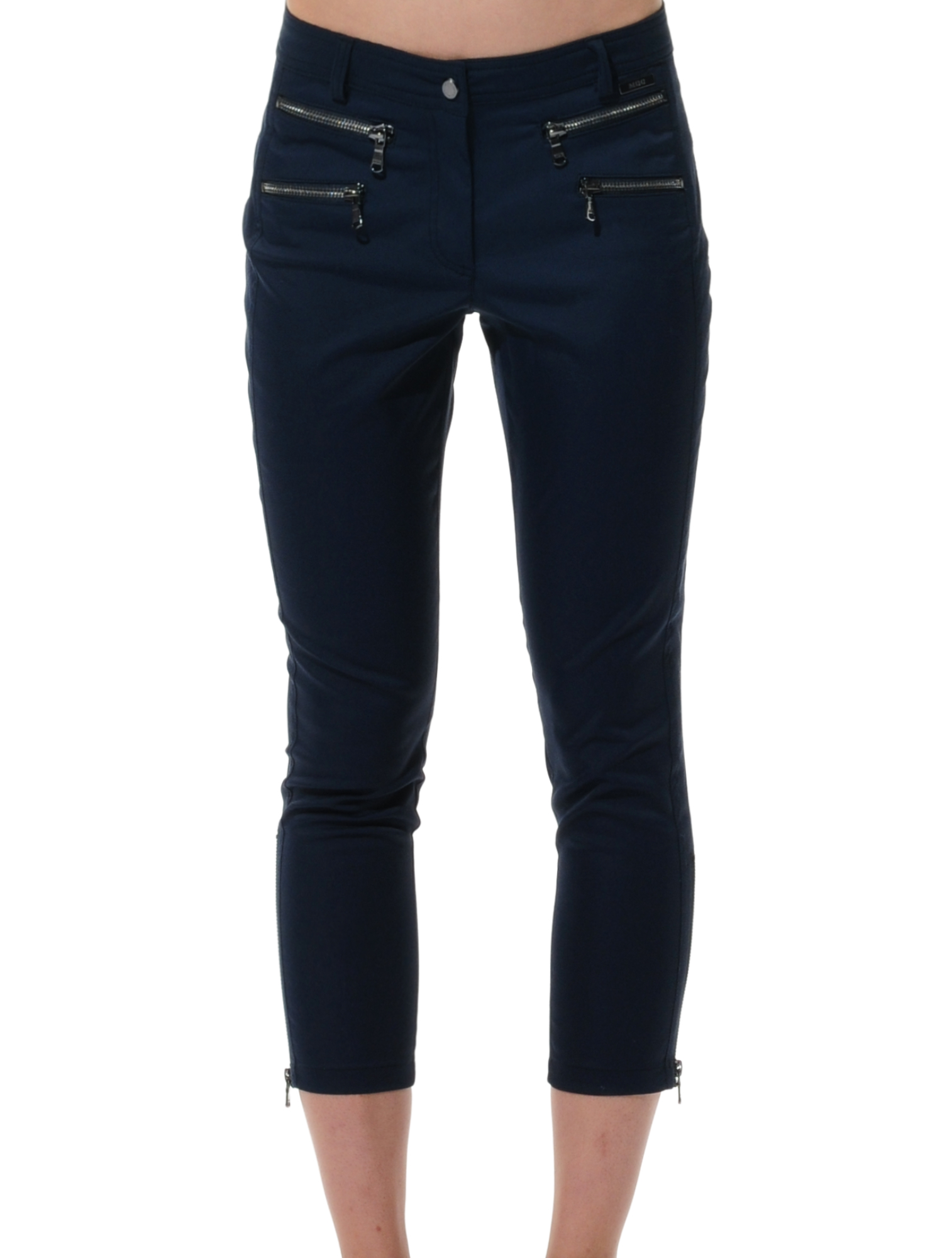 shiny stretch double zip cropped pants navy