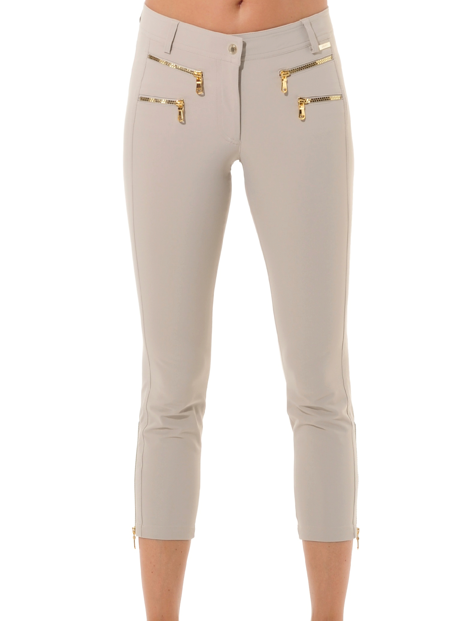 4way stretch shiny gold cube double zip cropped pants light taupe 