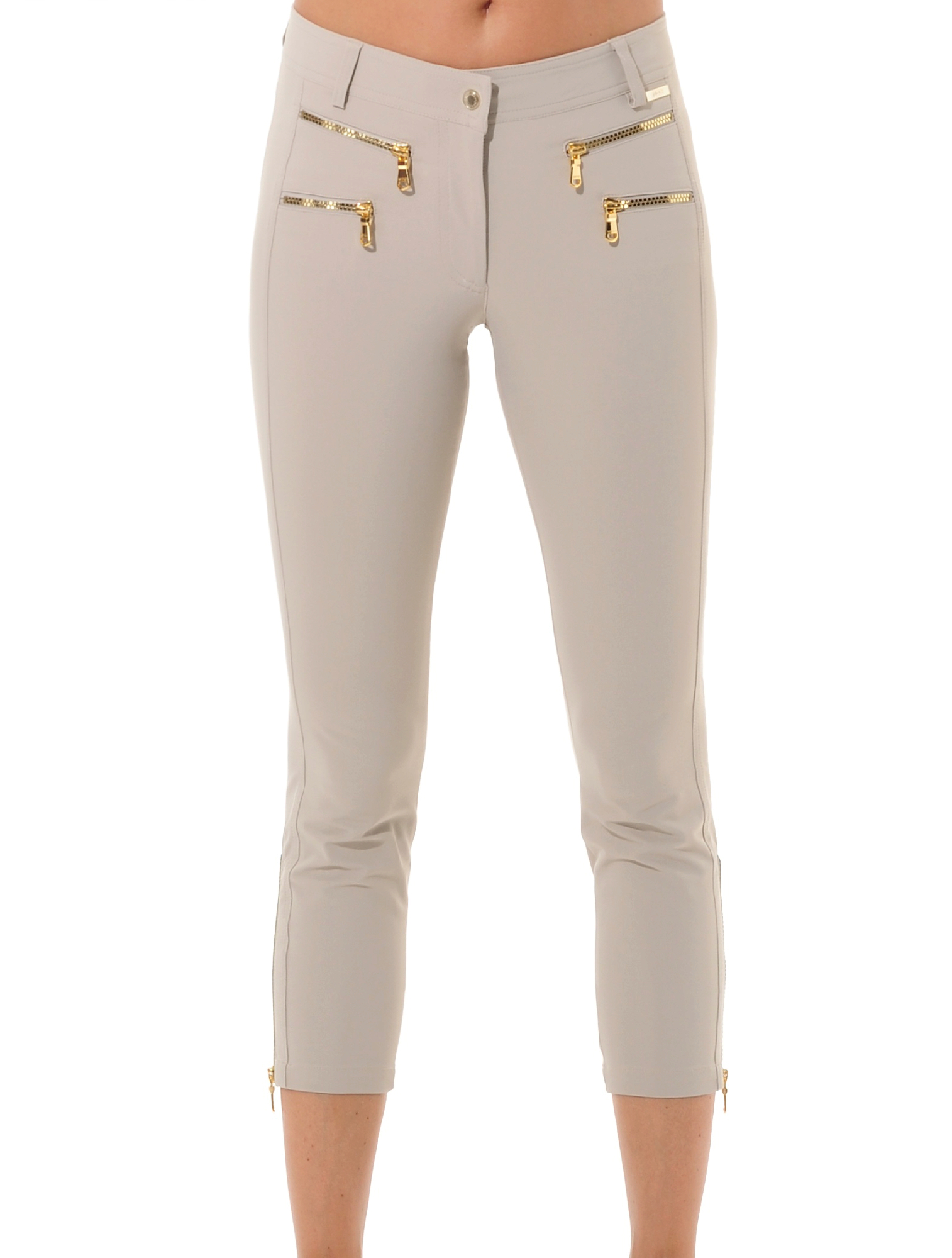 4way Stretch Shiny Gold Cube Double Zip Cropped Pants light taupe