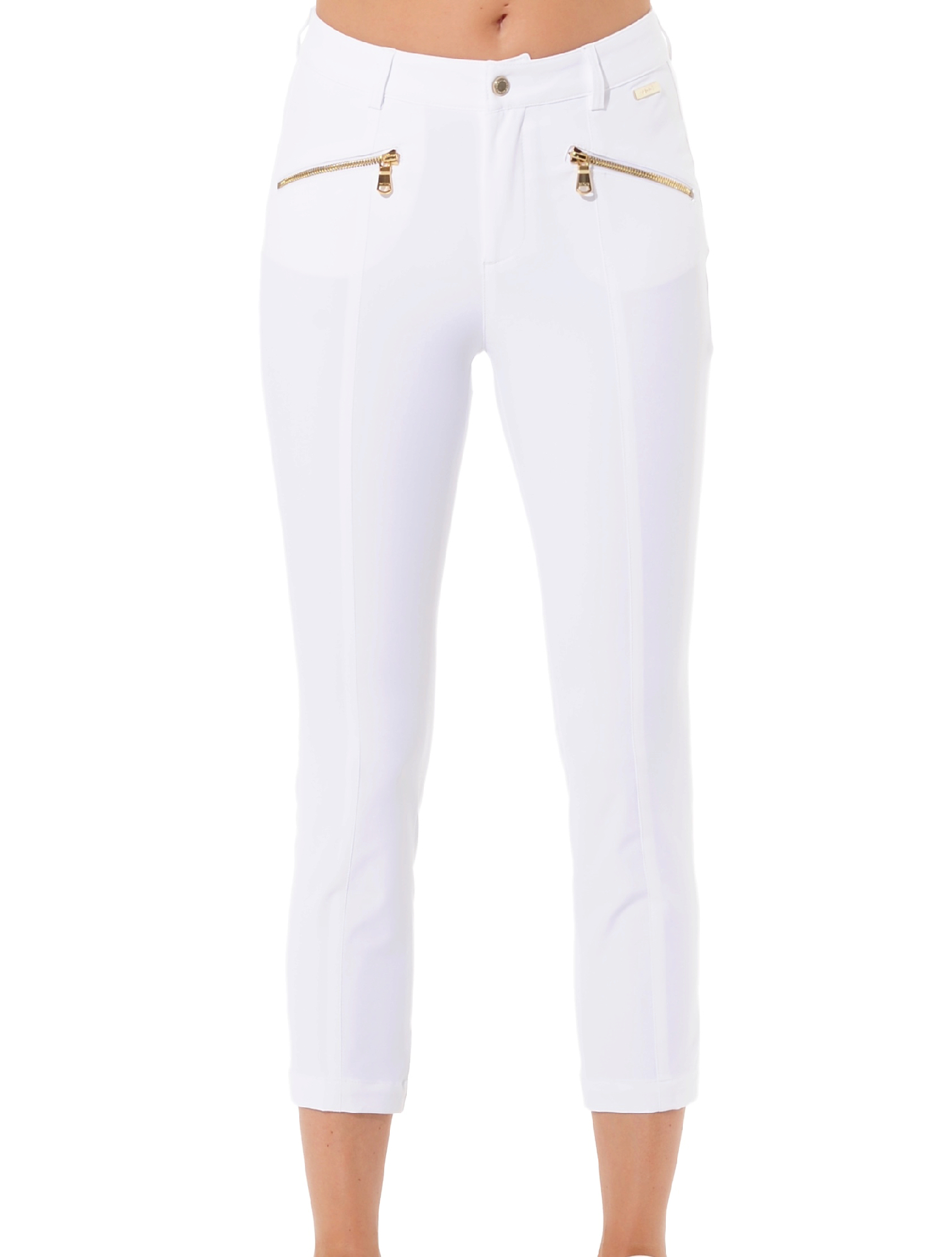 4way stretch shiny gold zip curvy cropped pants white 