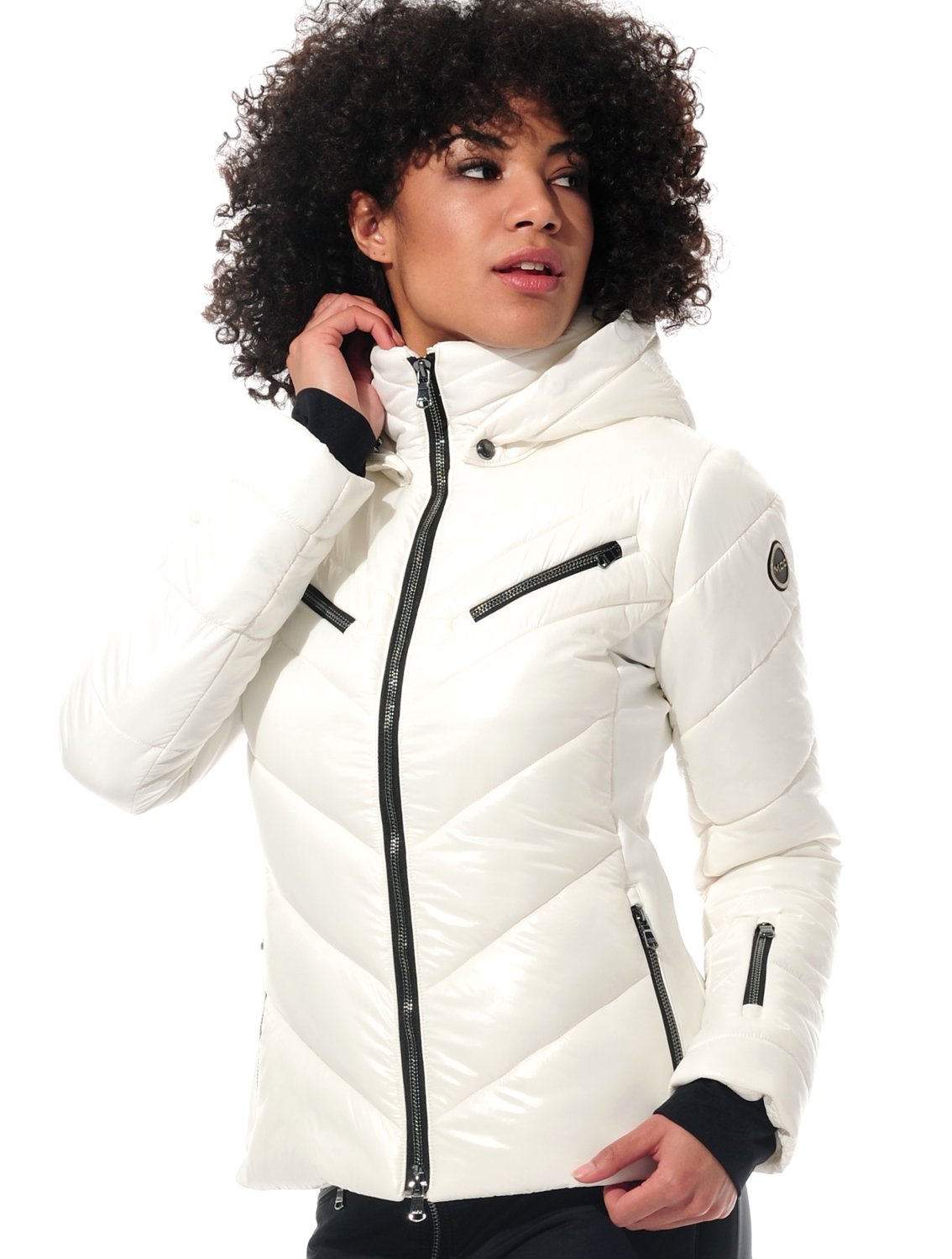 shiny ski jacket with 4way stretch side panels creamy 