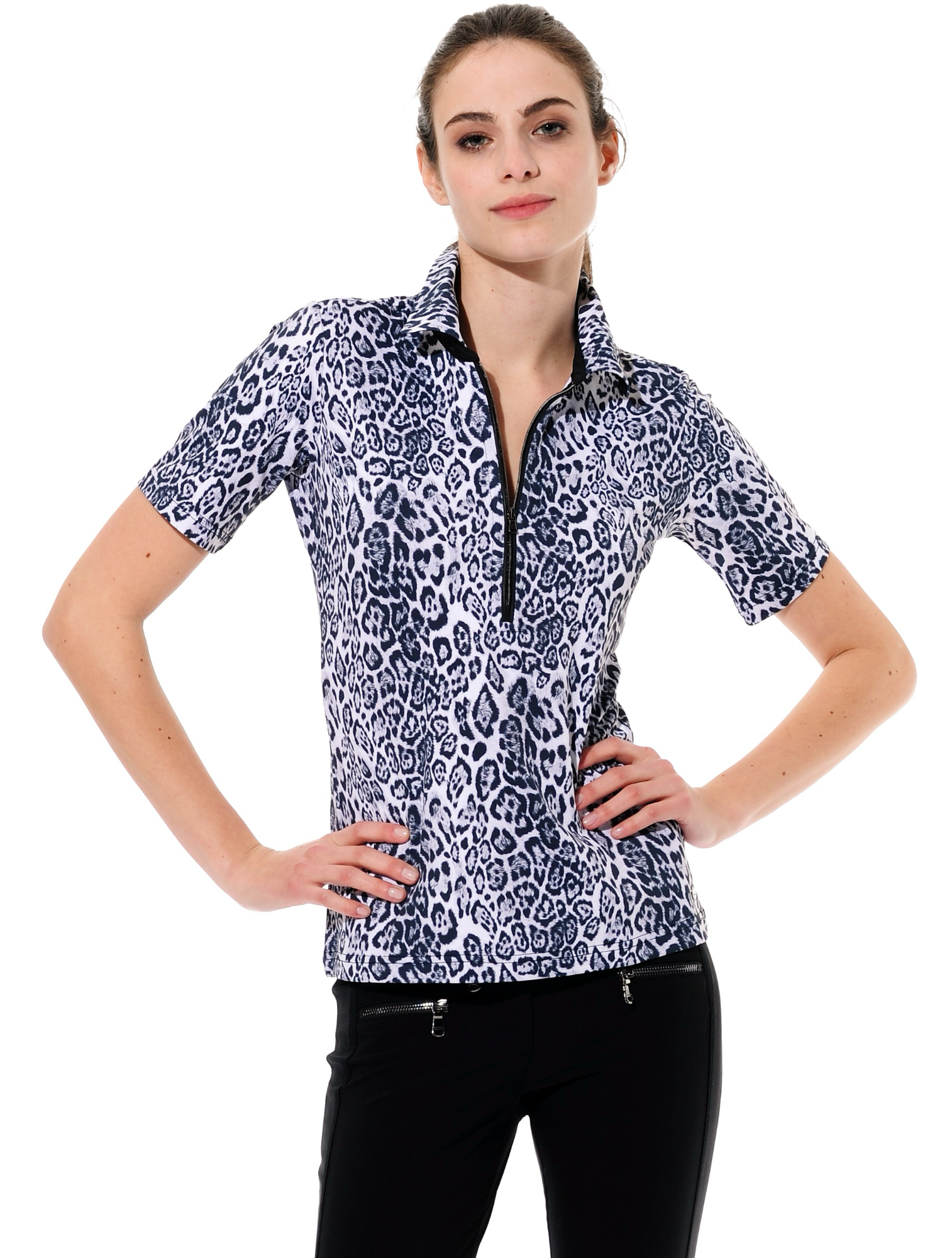Leo print zip polo shirt grey 