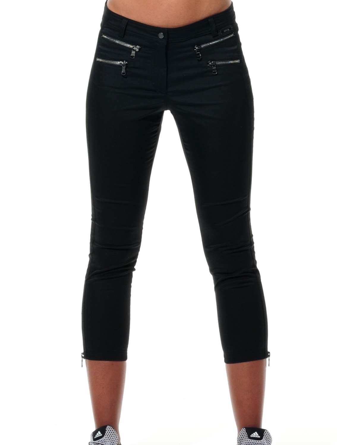 shiny stretch double zip cropped pants black 