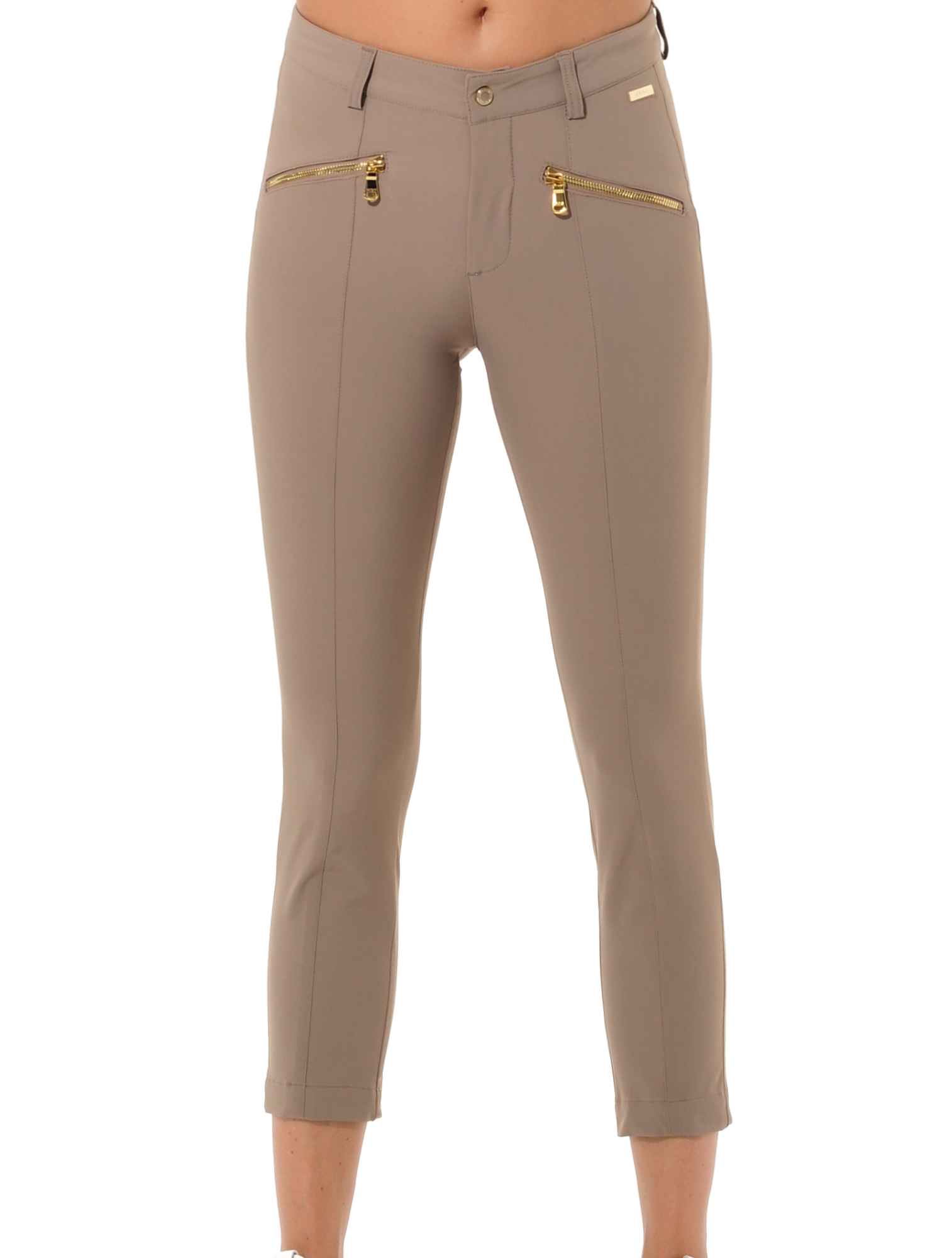 4way stretch shiny gold zip curvy cropped pants toffee 