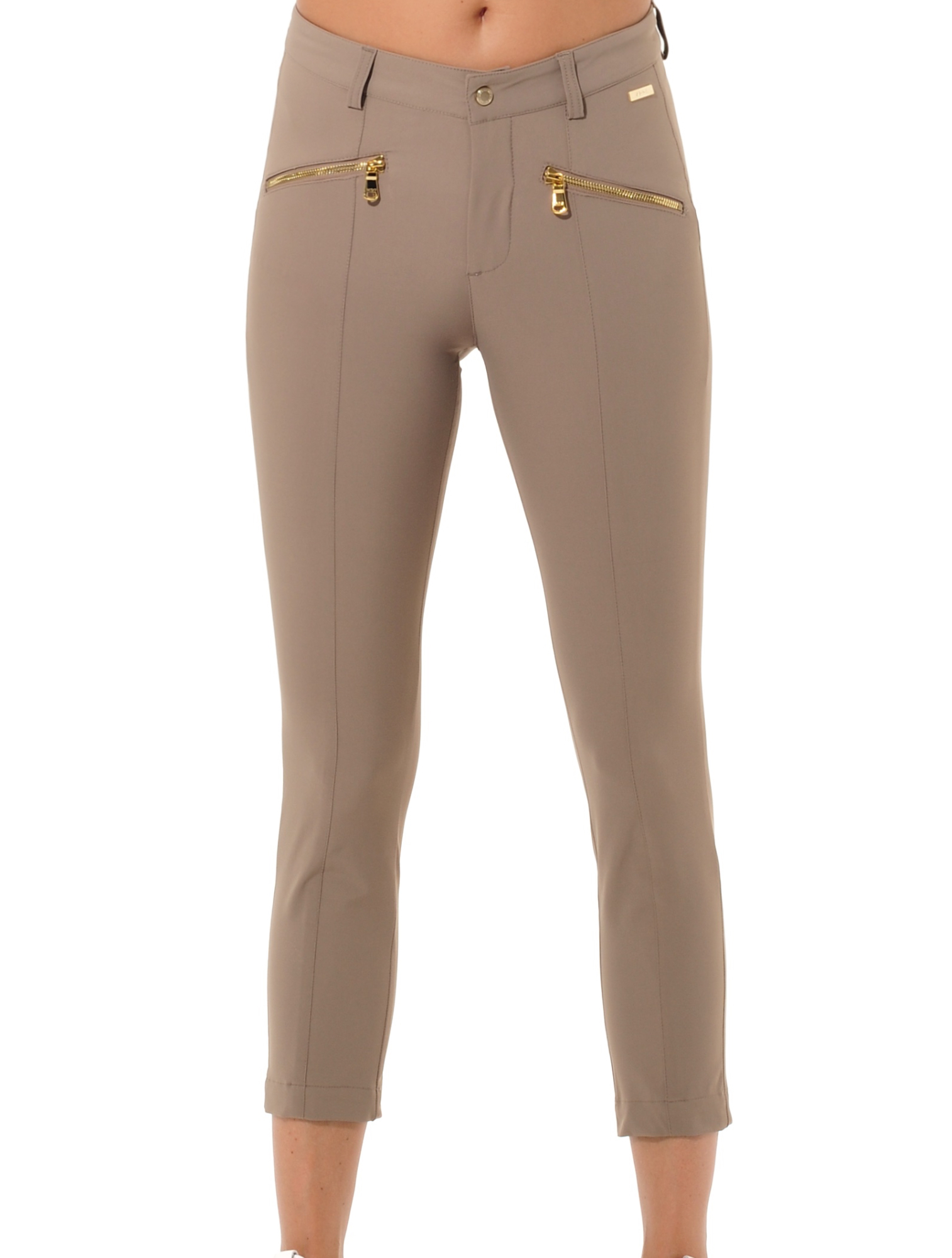 4way Stretch Shiny Gold Zip Curvy Cropped Pants toffee