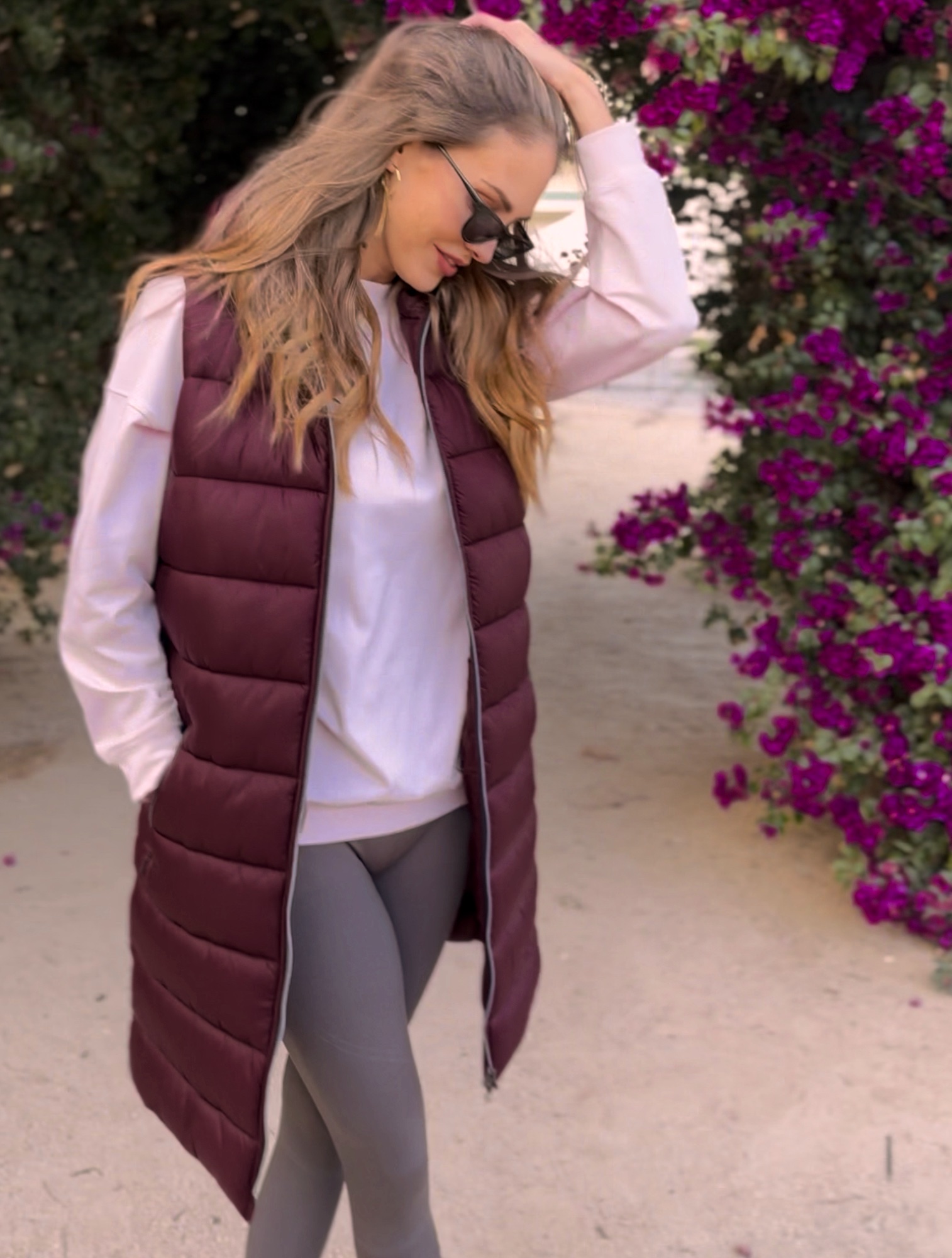 puffer long vest burgundy