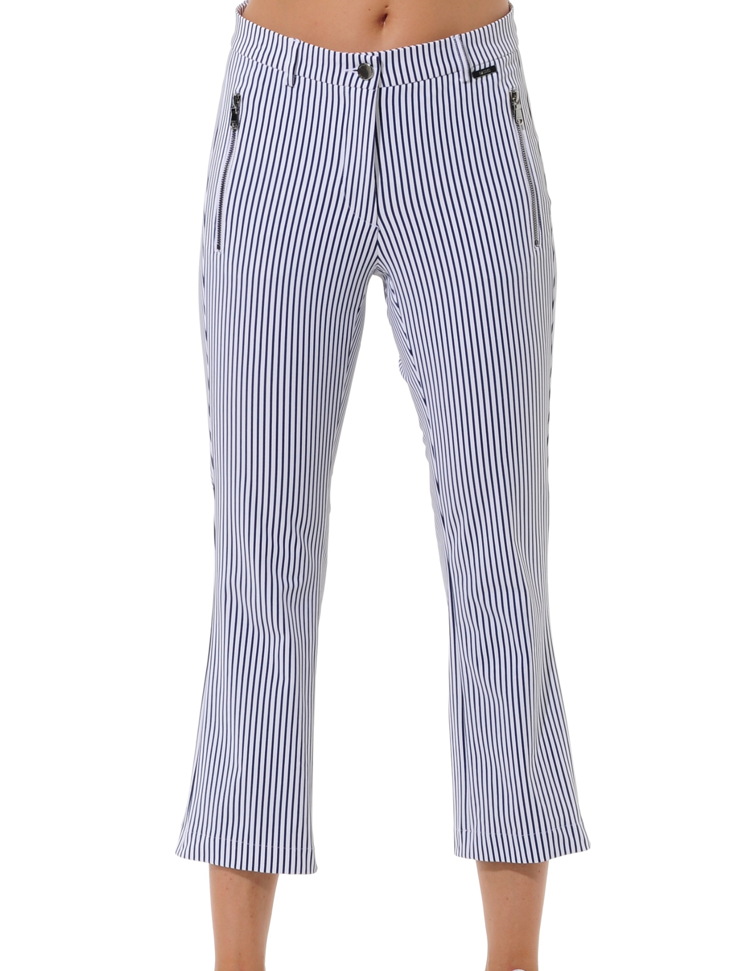 Pinstripes Print Boot Cut Cropped Chinos navy