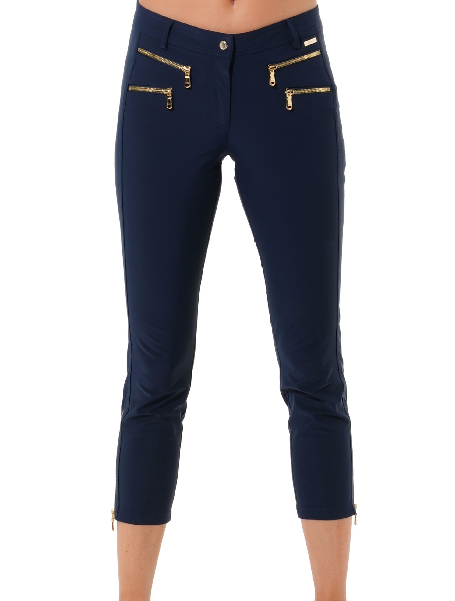 4way stretch shiny gold double zip cropped pants navy 