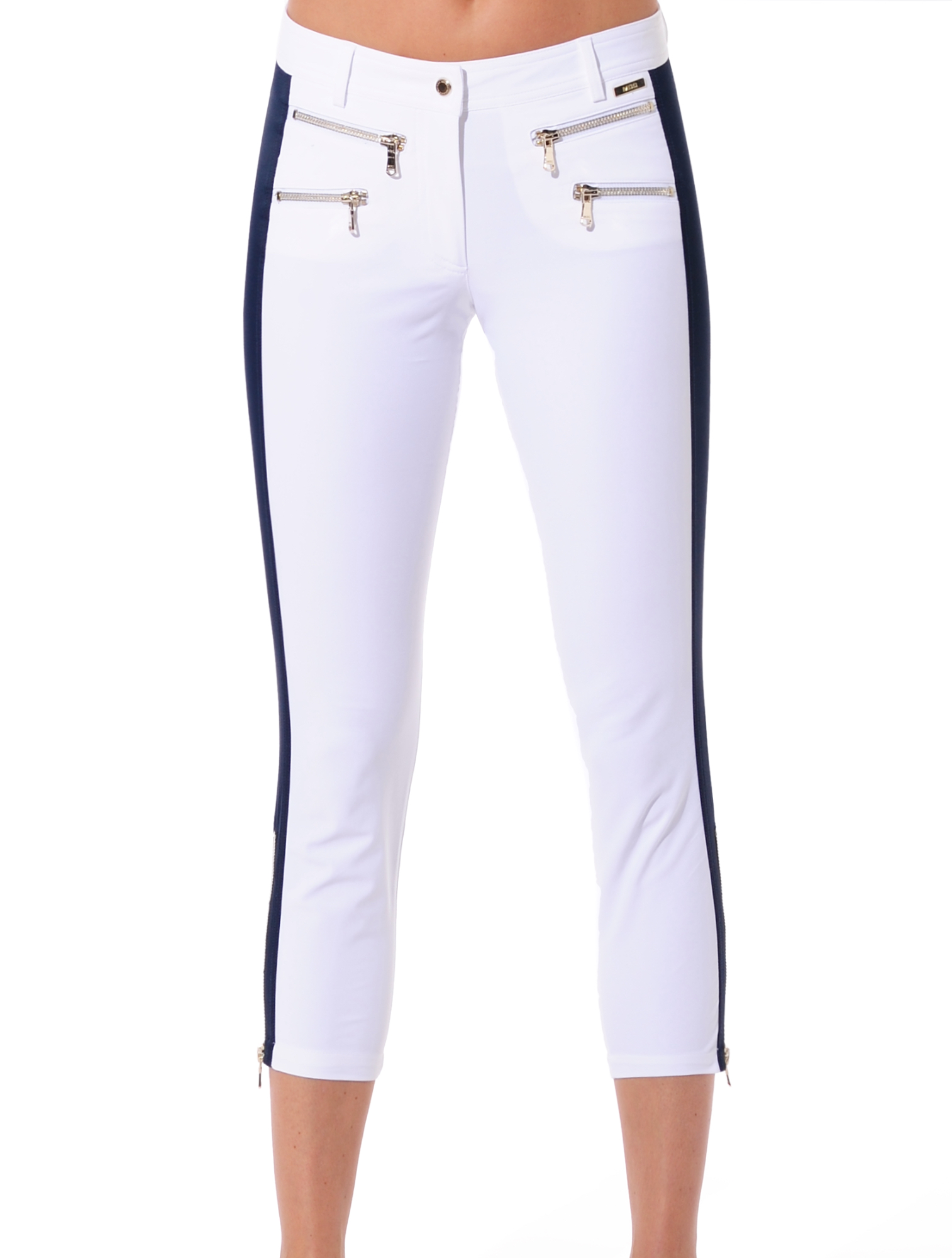 4way stretch double zip cropped pants white/navy 