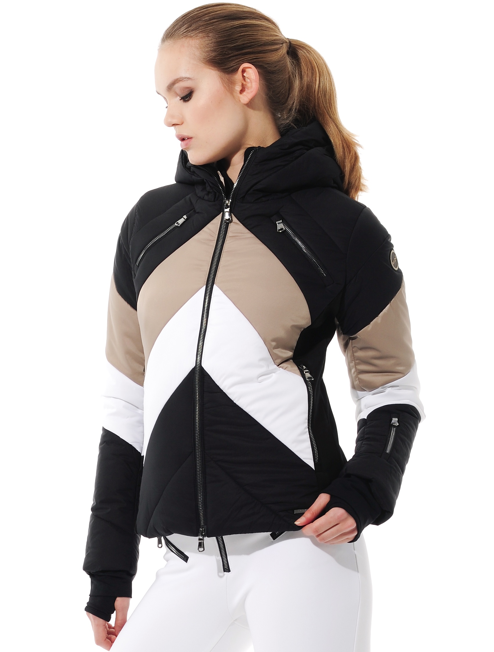 stretch ski jacket with 4way stretch side panels black/taupe 