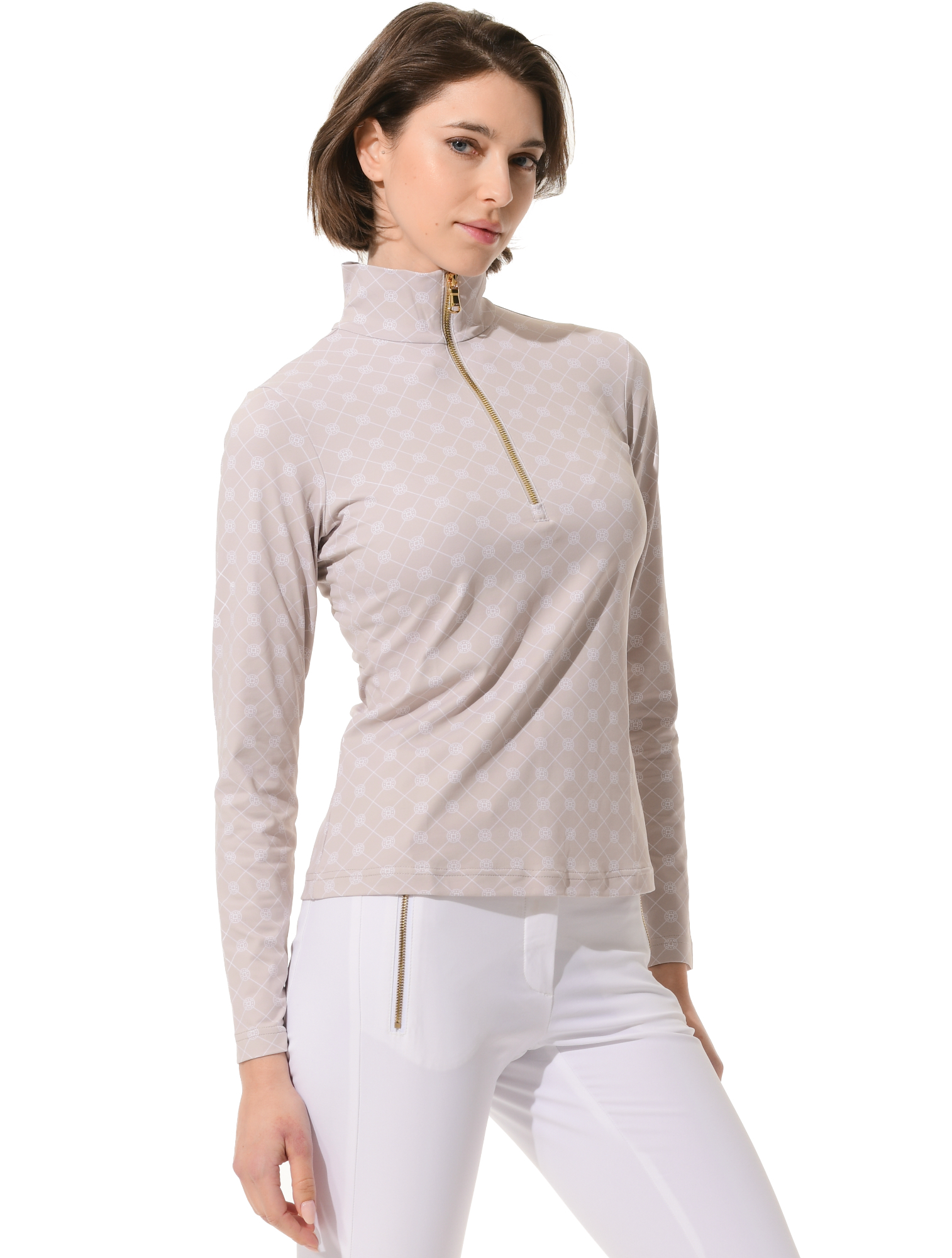 Vintage print zip longsleeve light taupe