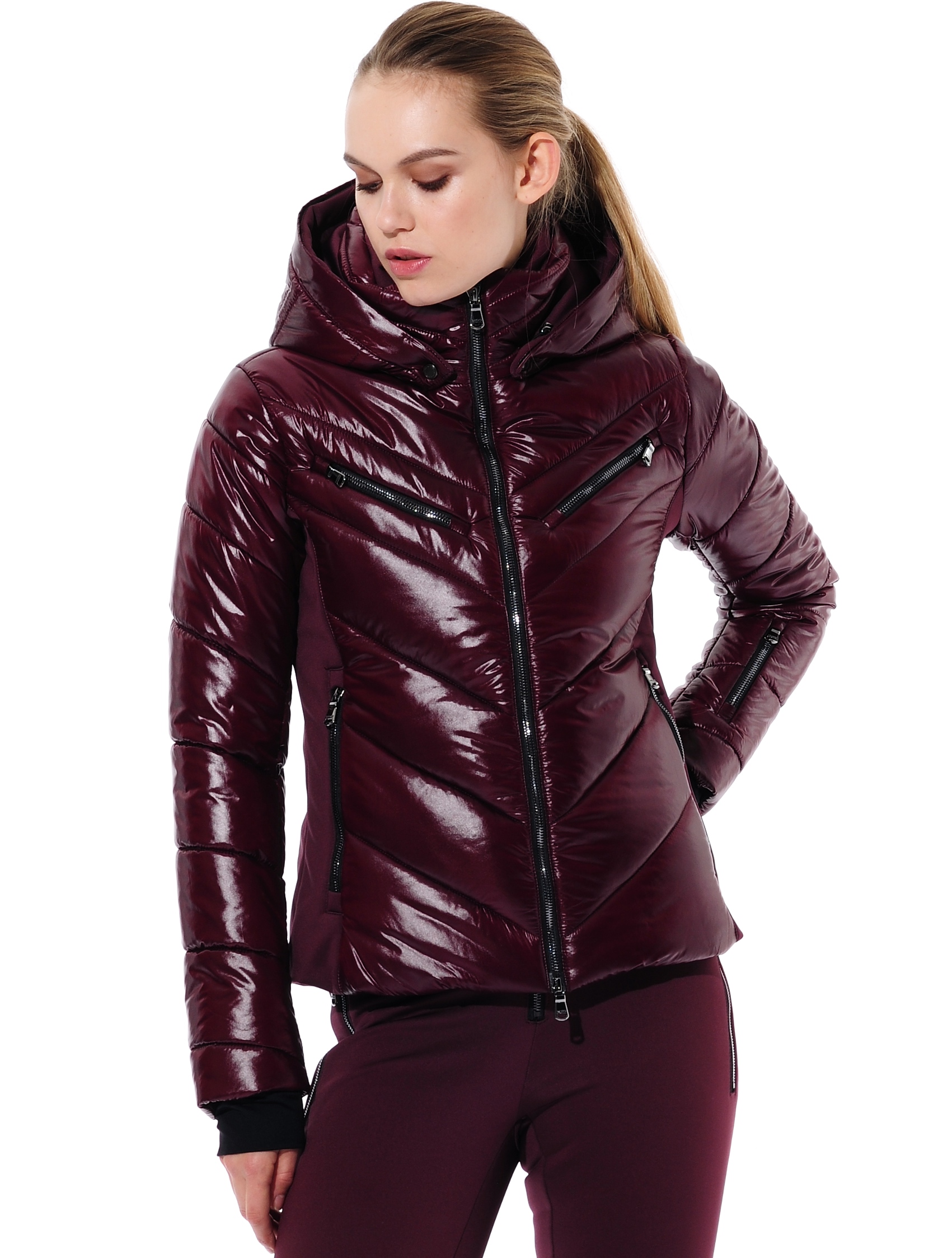 shiny ski jacket with 4way stretch side panels bloodstone 