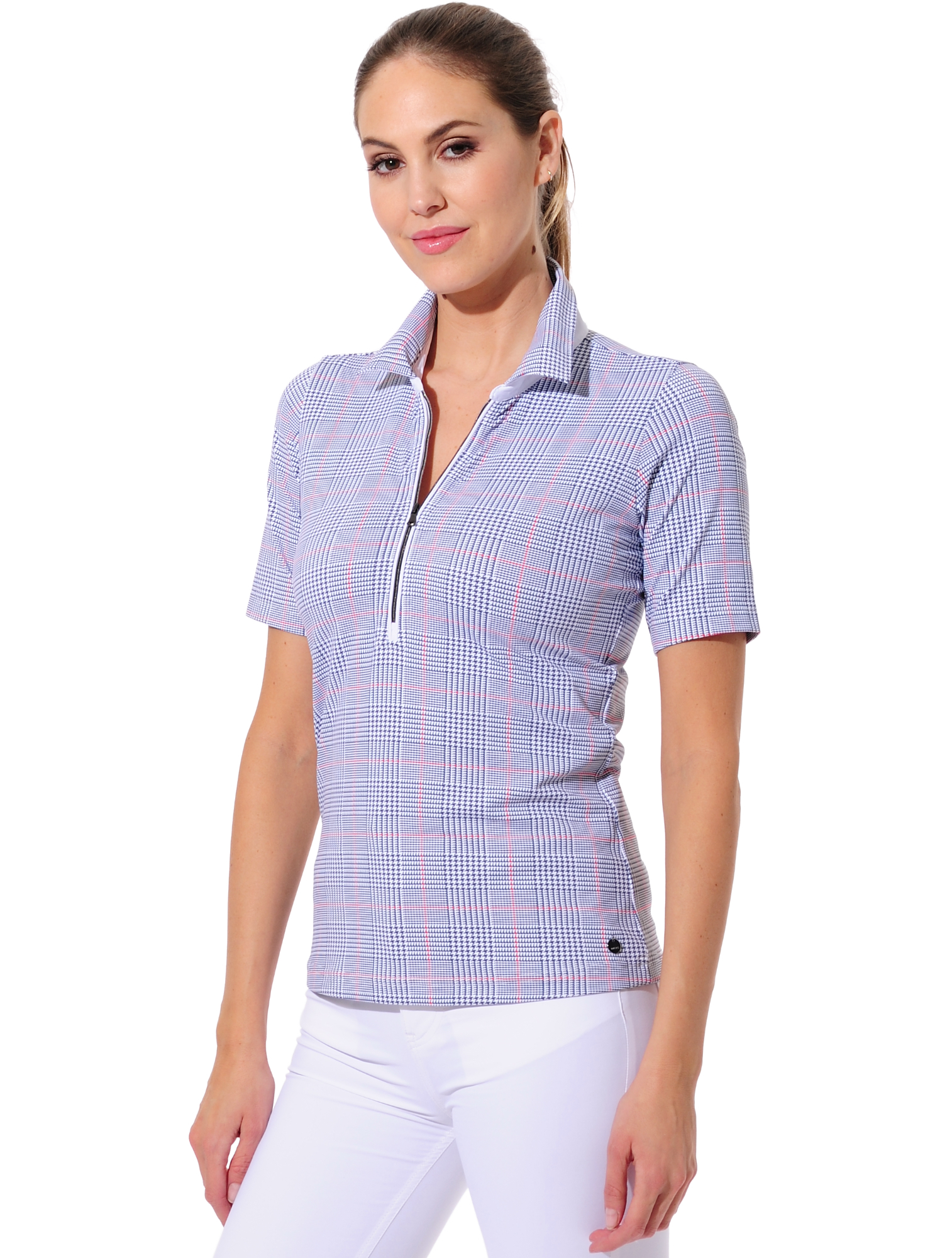 Glencheck print zip golf polo shirt navy 