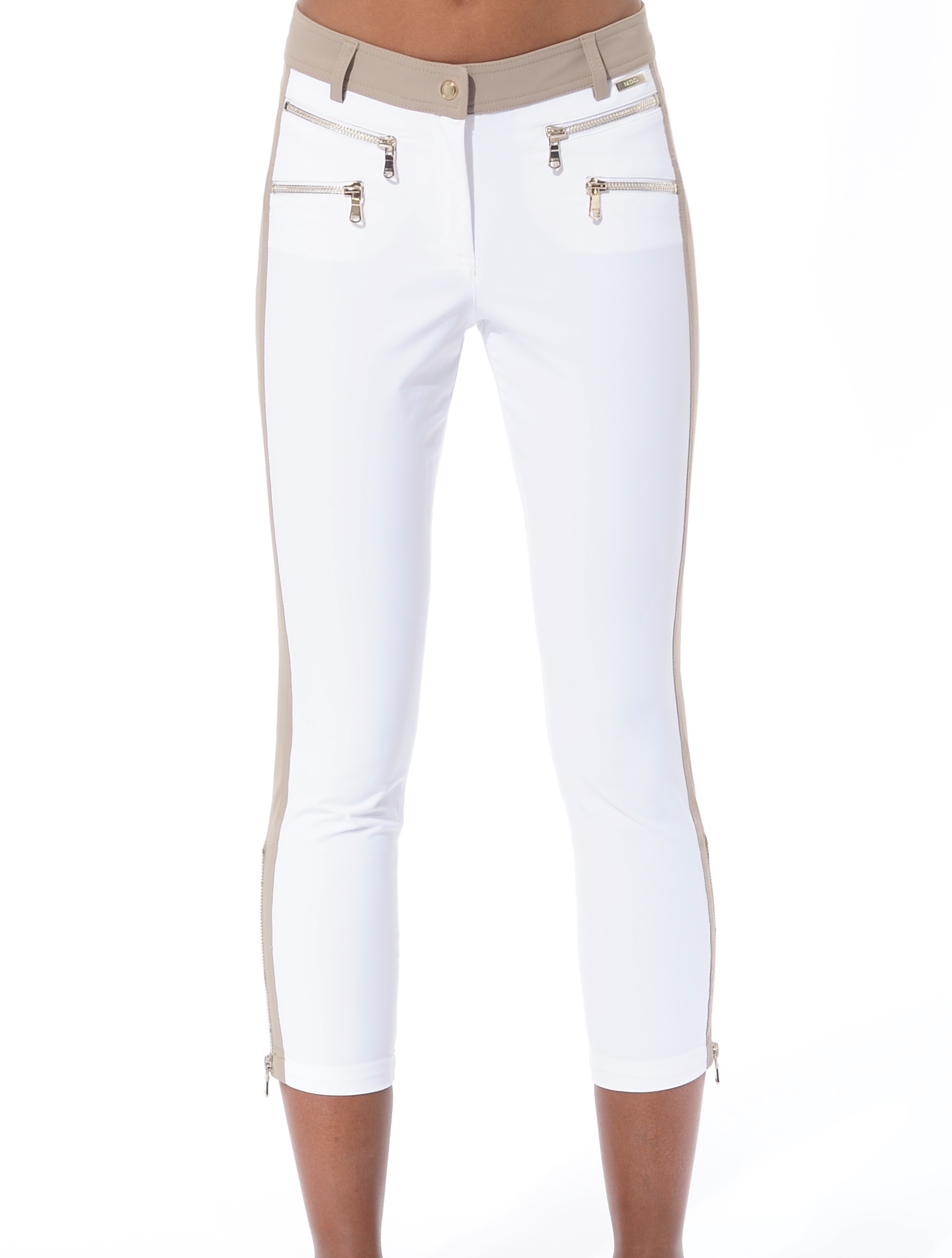 4way stretch double zip cropped pants white/taupe 