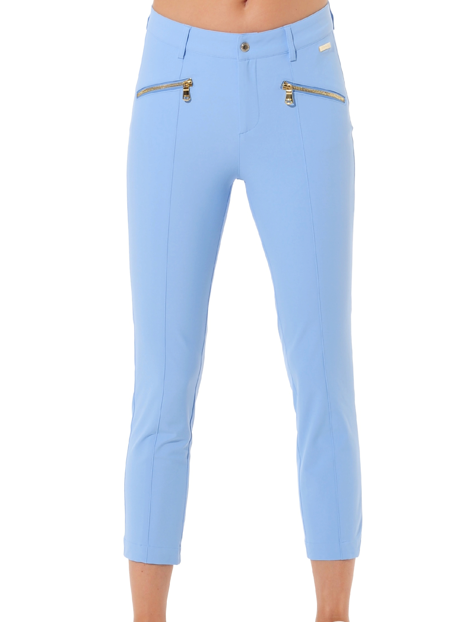 4way stretch shiny gold zip curvy cropped pants baby blue 