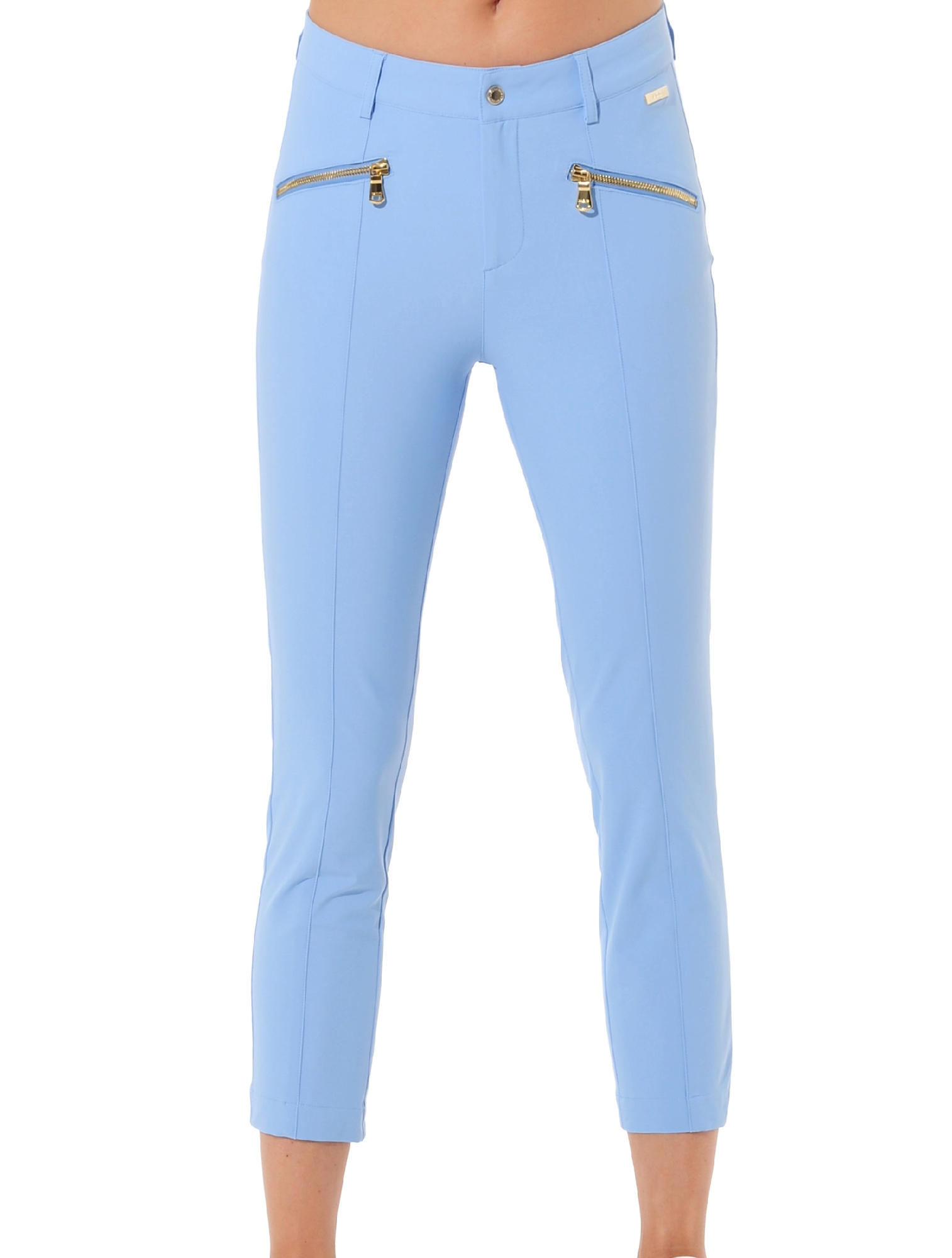 4way Stretch Shiny Gold Zip Curvy Cropped Pants baby blue