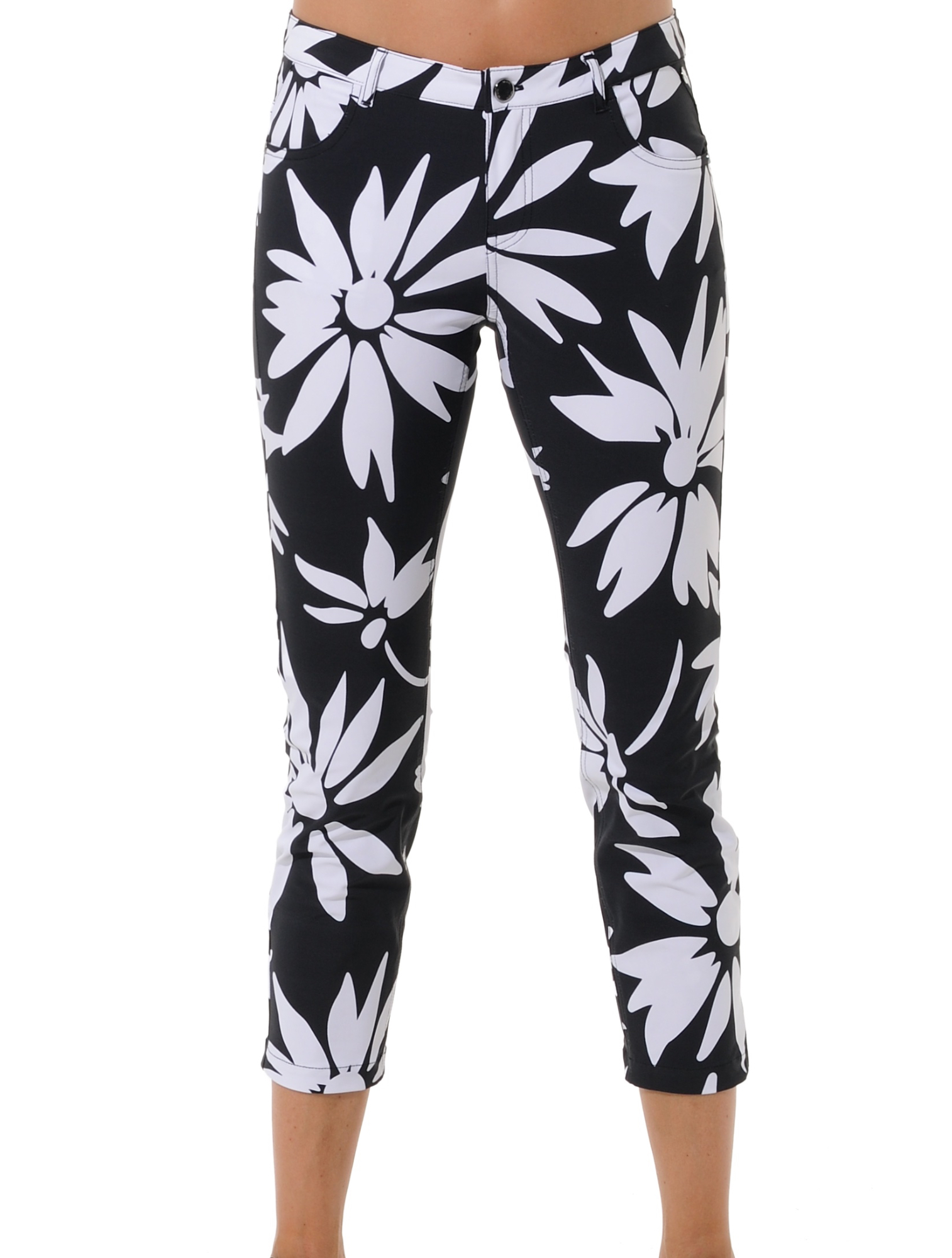 Daisies print cropped 5pockets black/white