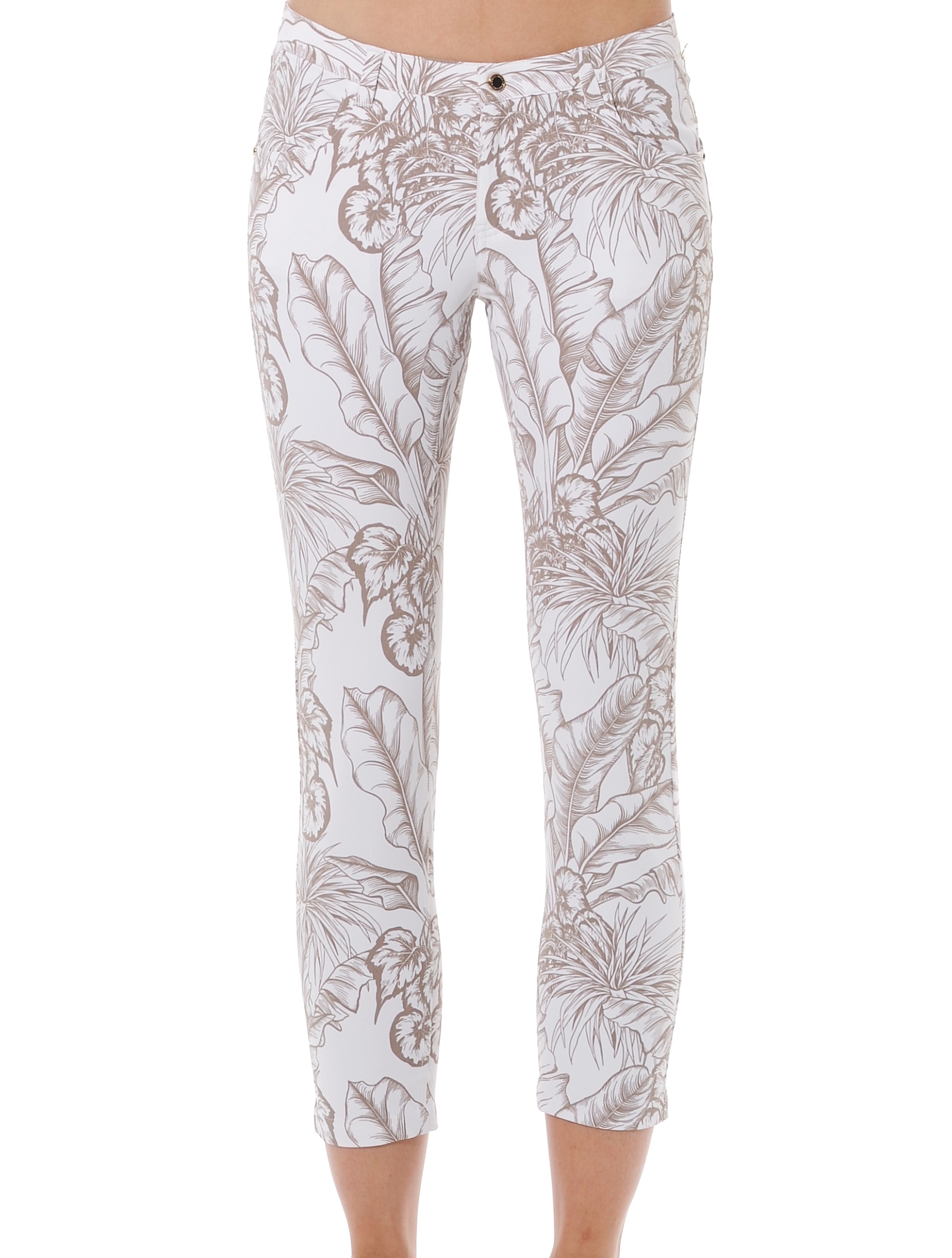 Tropical Leaves print cropped 5pockets taupe 
