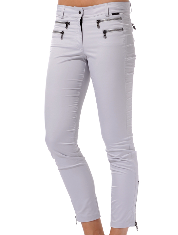shiny stretch double zip ankle pants silver 