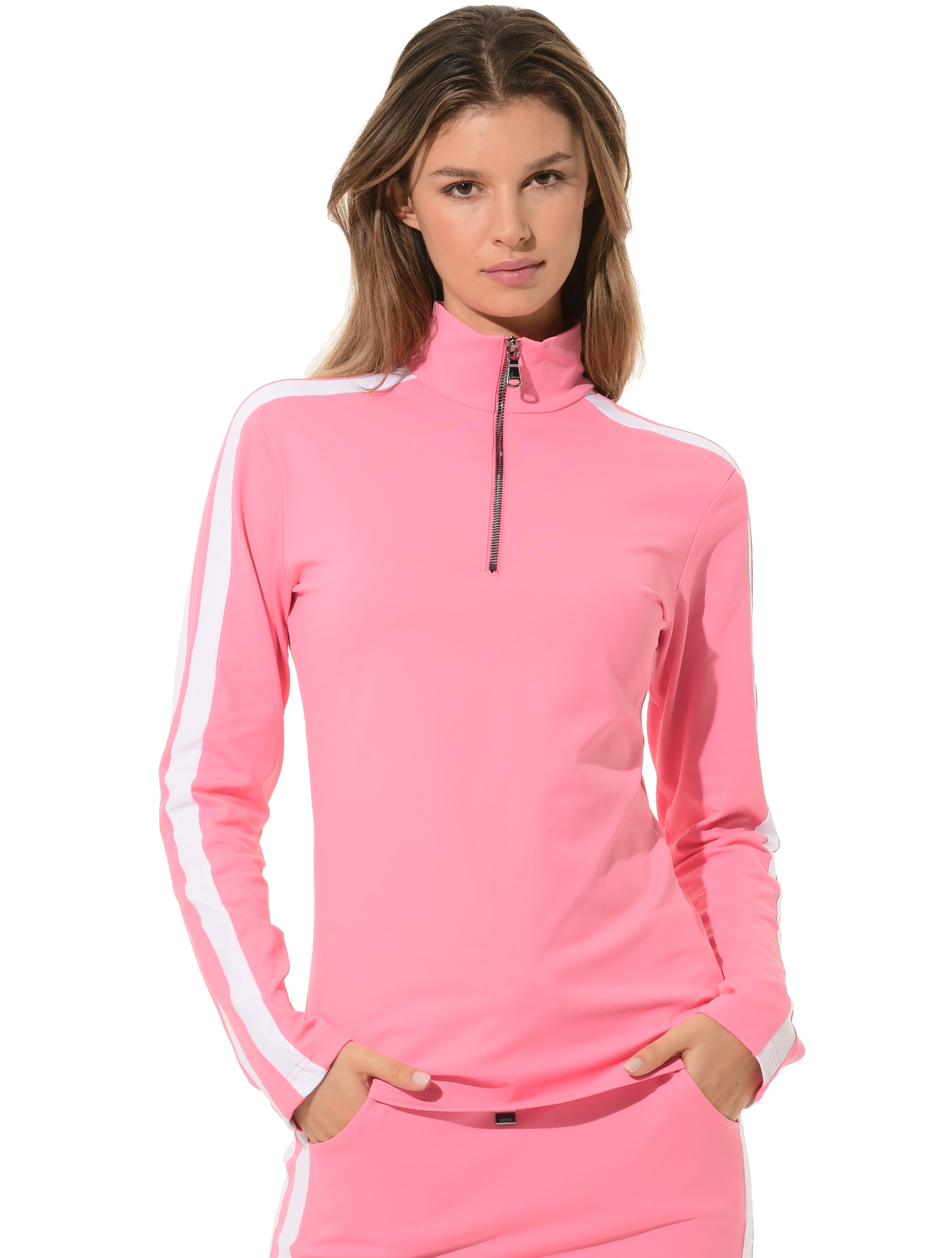 Jersey zip longsleeve rose/white