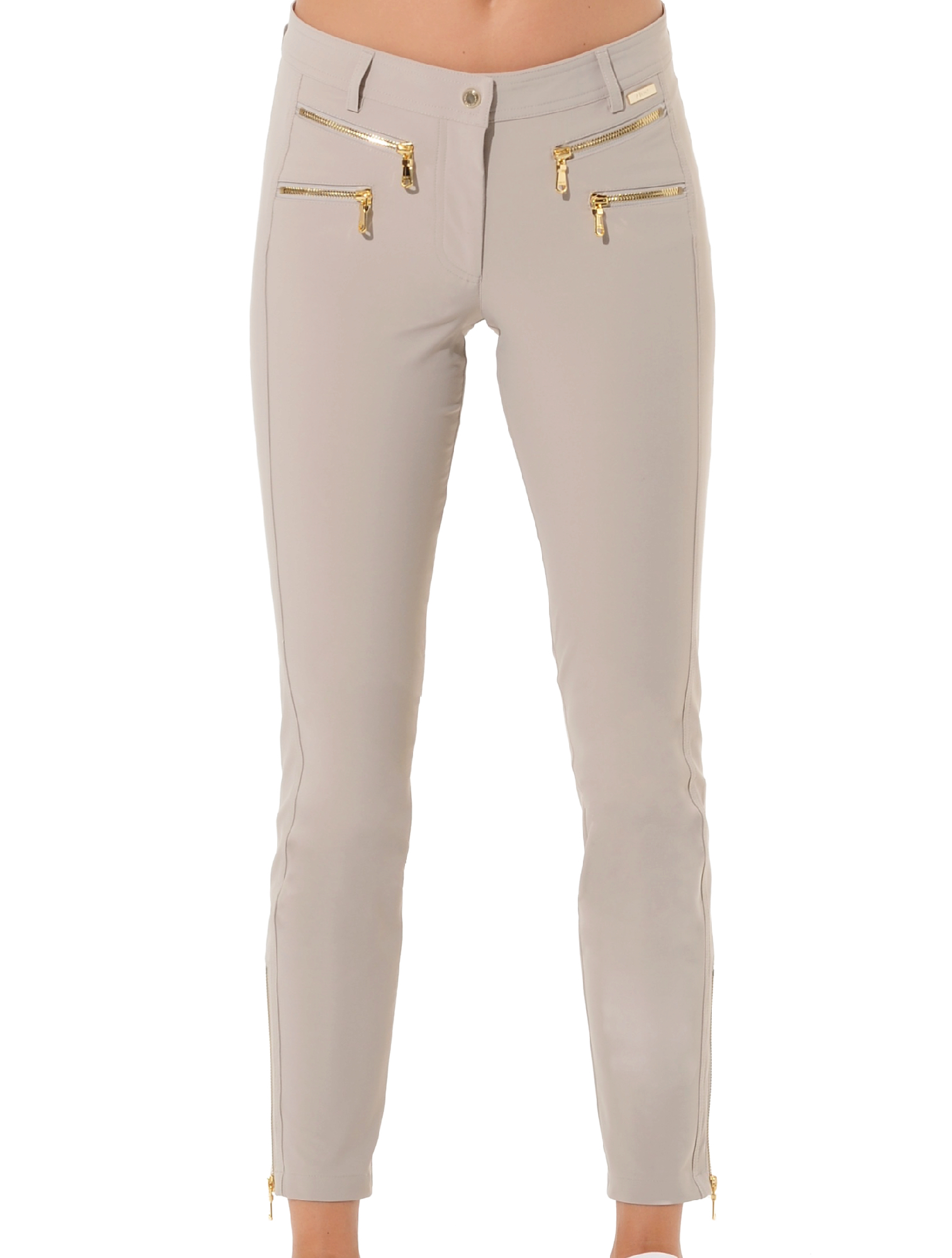 4way stretch shiny gold double zip ankle pants light taupe 