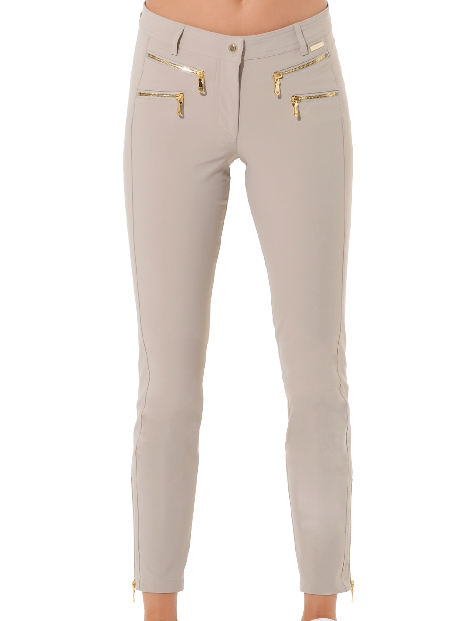 4way Stretch Shiny Gold Double Zip Ankle Pants light taupe