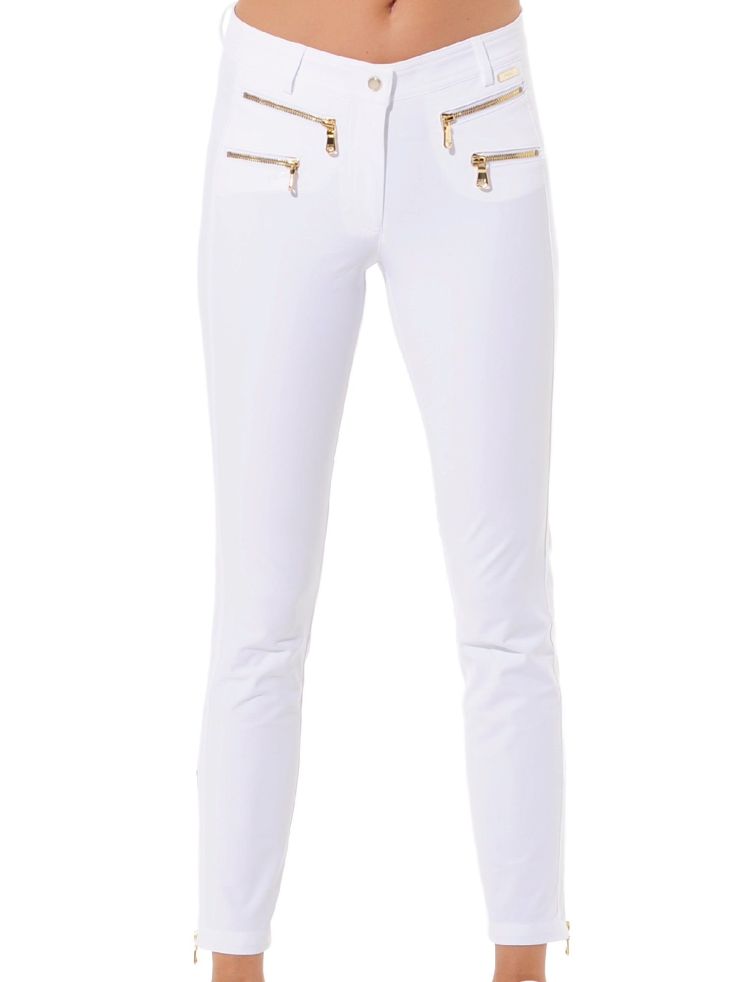 4way stretch shiny gold double zip ankle pants white 
