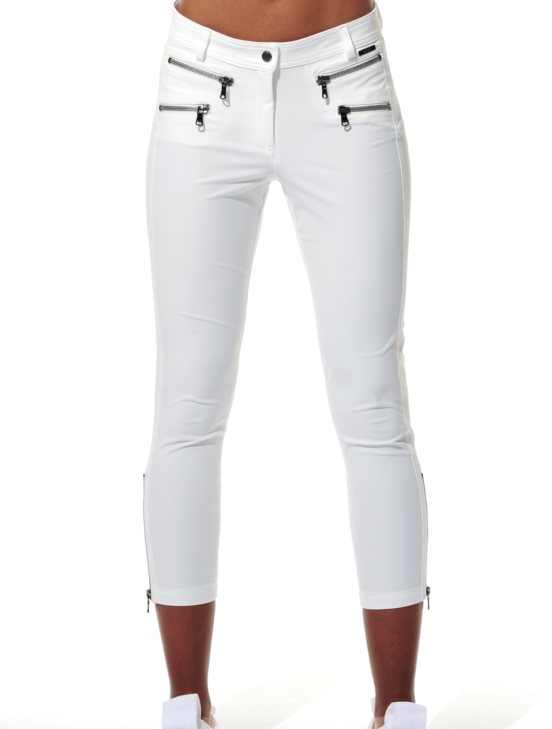 shiny stretch double zip cropped pants creamy 