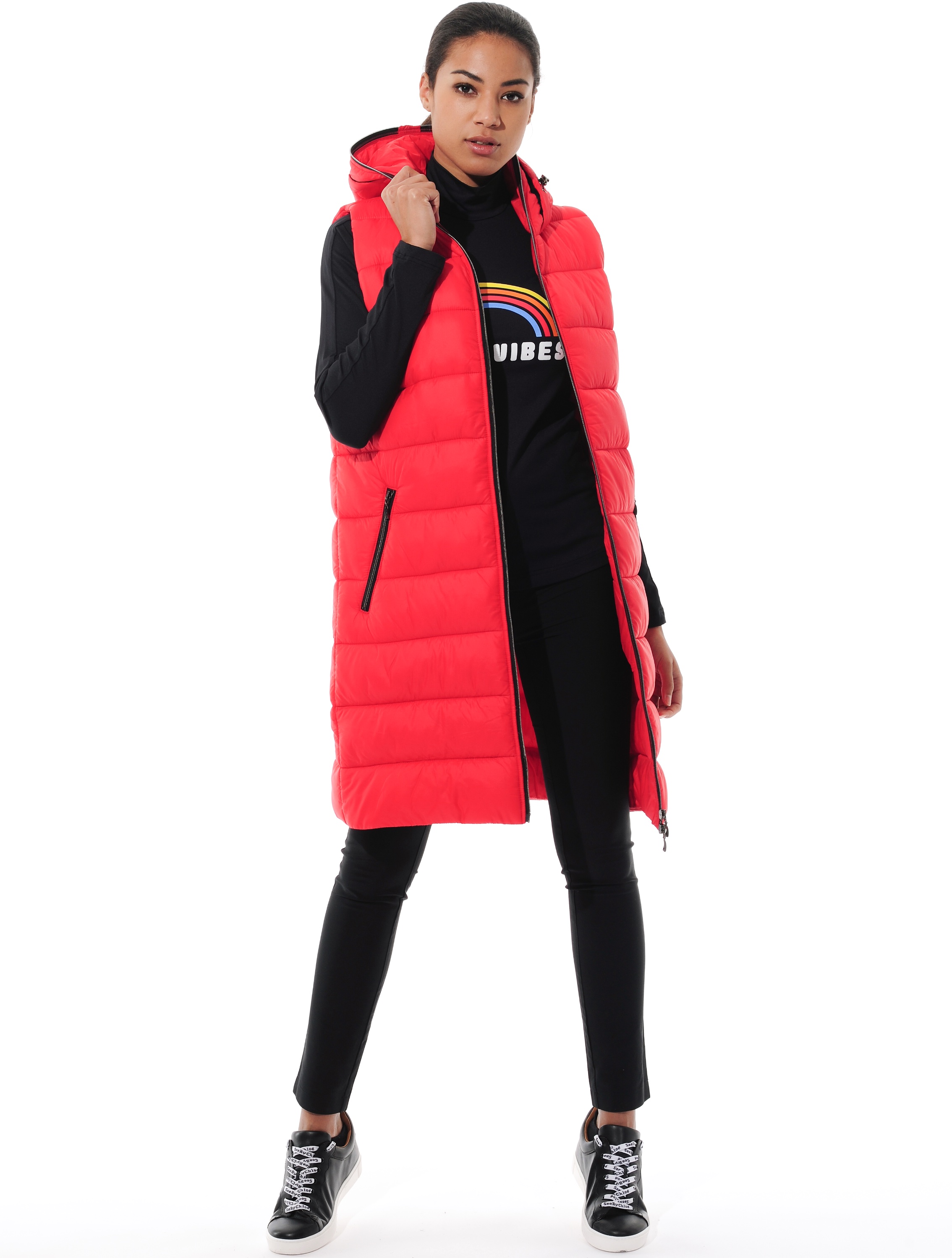 puffer long vest red 
