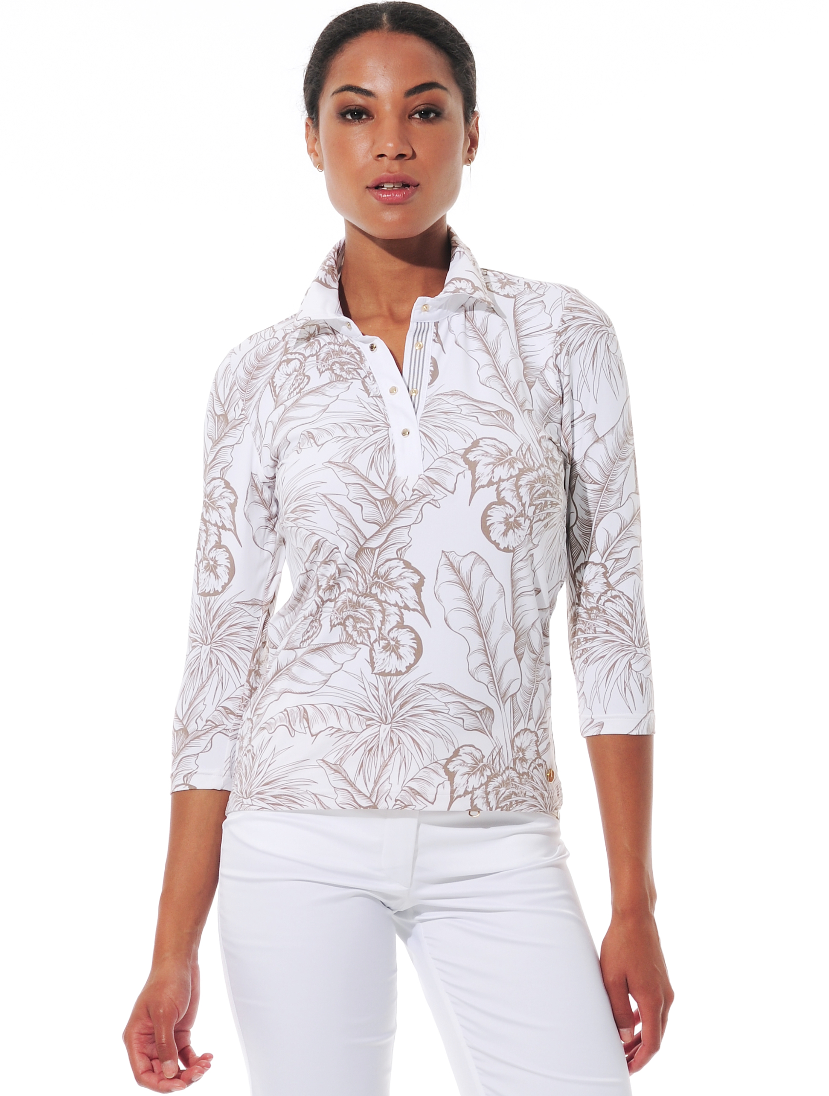 Tropical Leaves print polo shirt taupe 