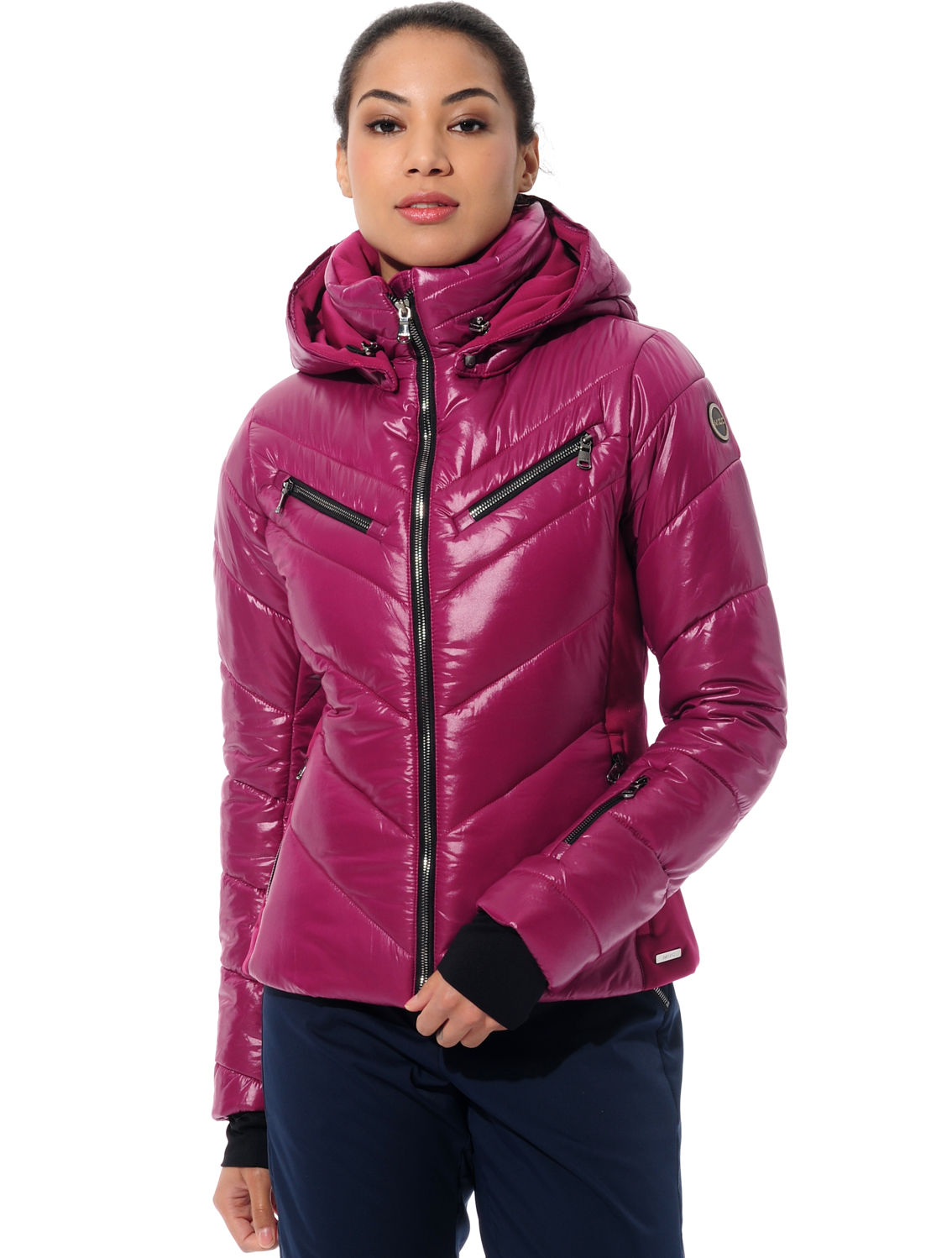 shiny ski jacket with 4way stretch side panels cassis 