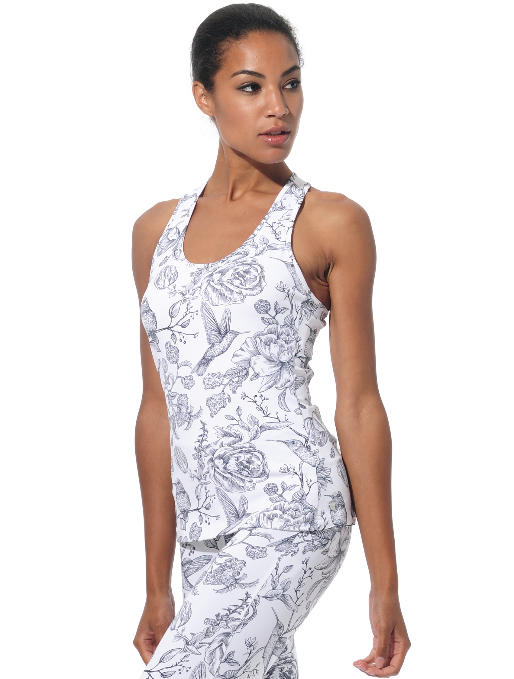 Flower Bird Print Tank Top black/white