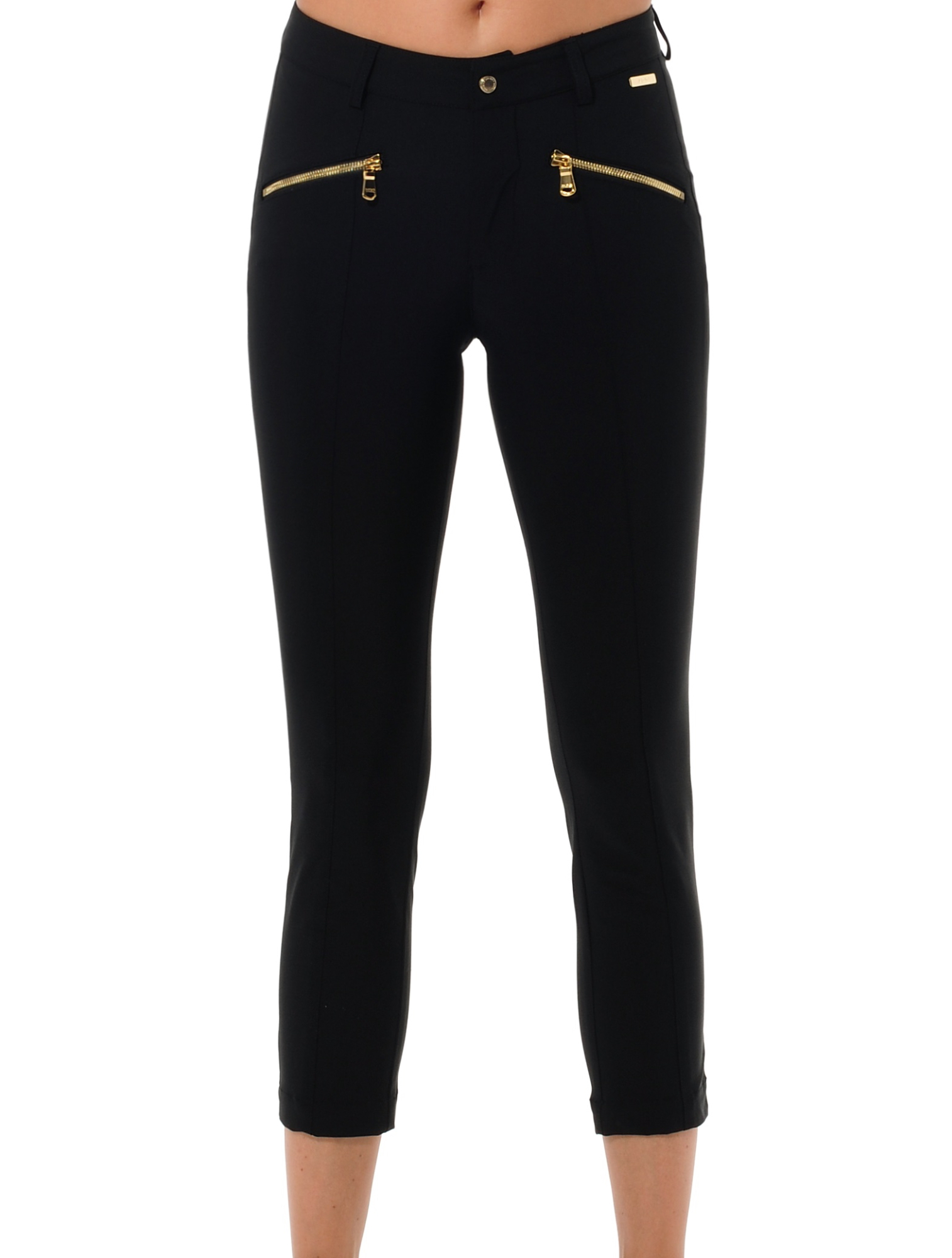 4way stretch shiny gold zip curvy cropped pants black 