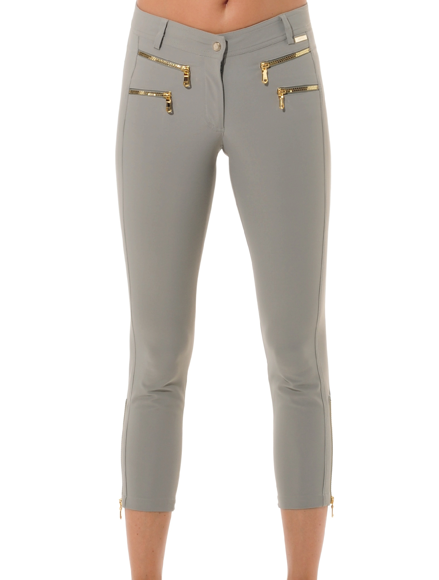 4way Stretch Shiny Gold Cube Double Zip Cropped Pants jade