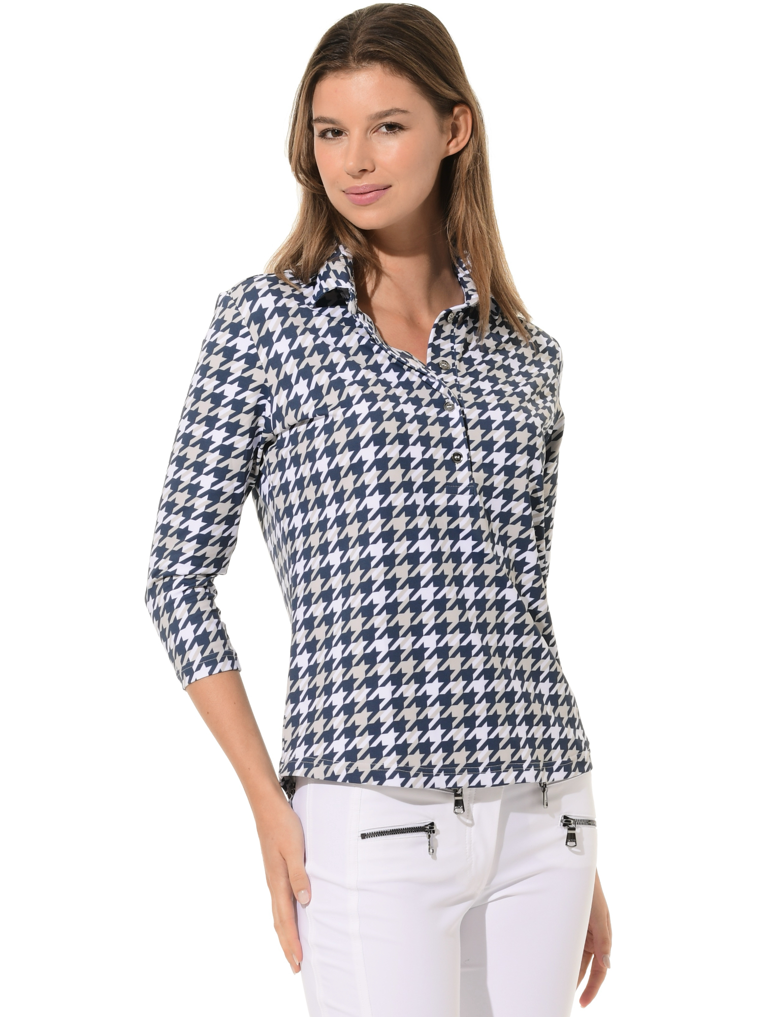 Pied-de-Poule Print Golf Poloshirt navy