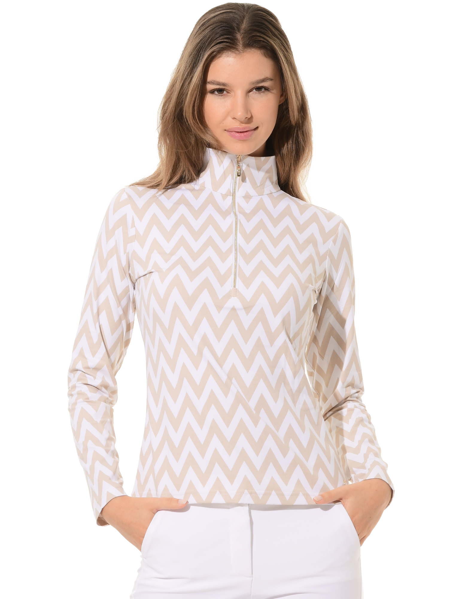 Chevron print zip longsleeve light taupe