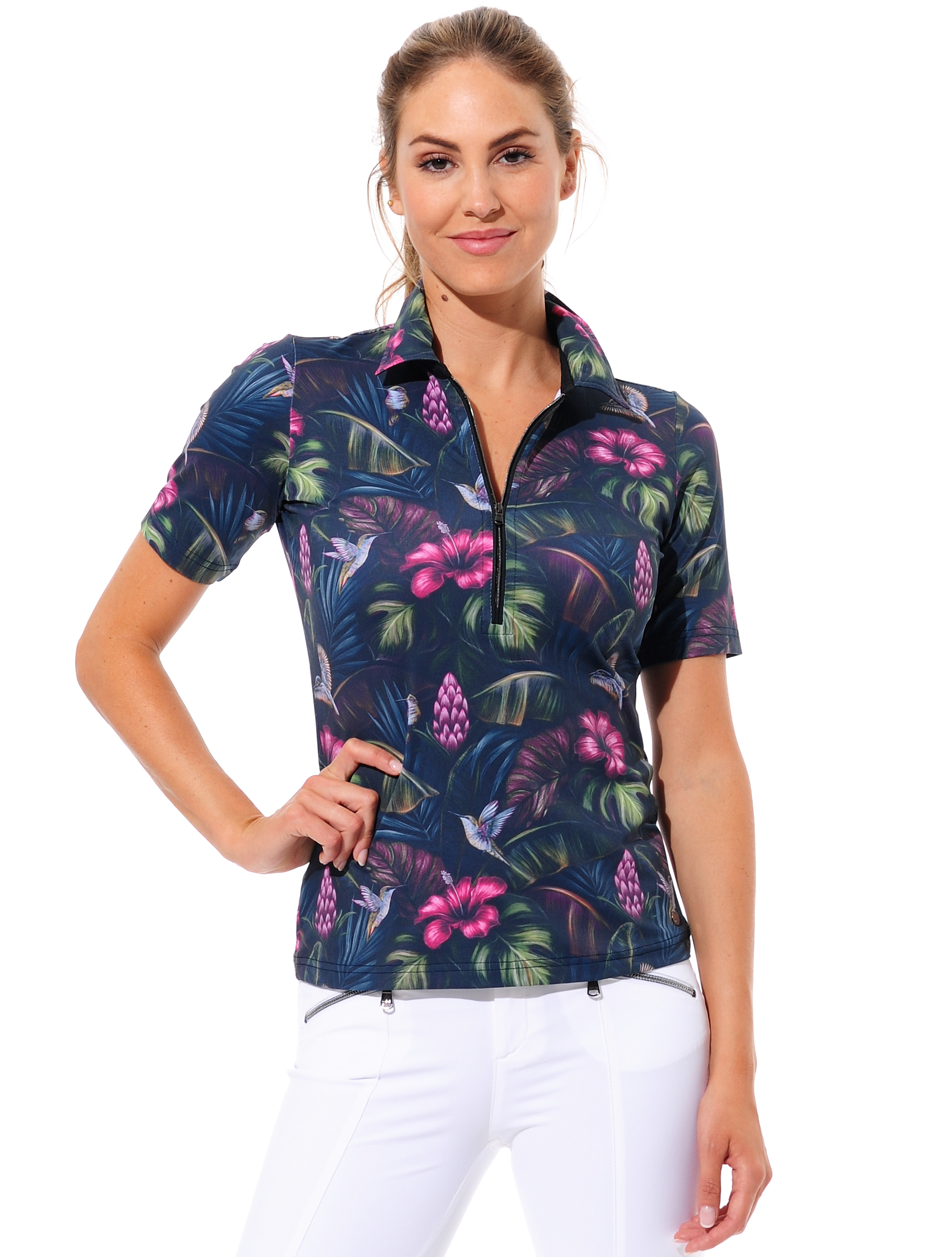 Jungle print zip polo shirt 