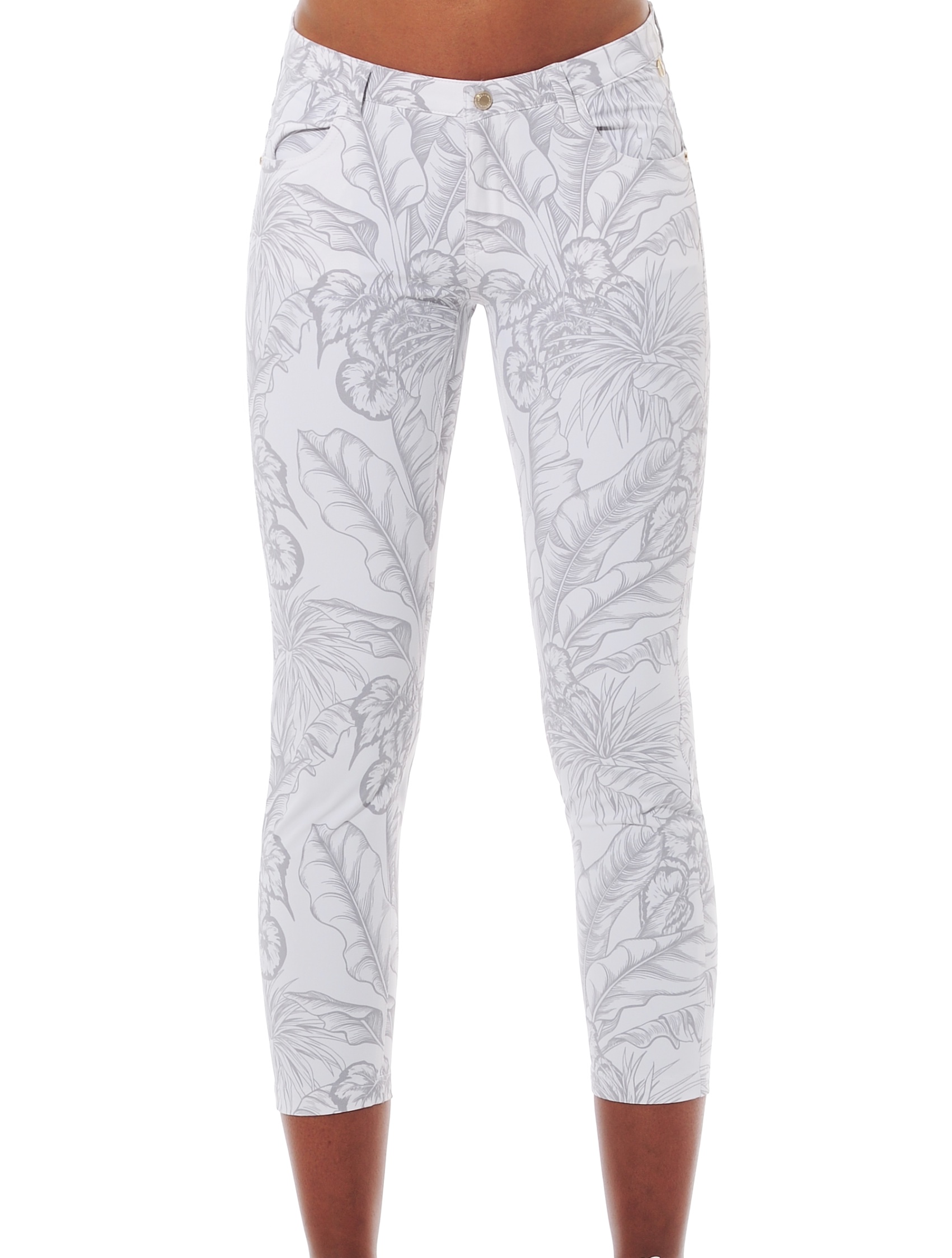 Tropical Leaves print cropped 5pockets grey 