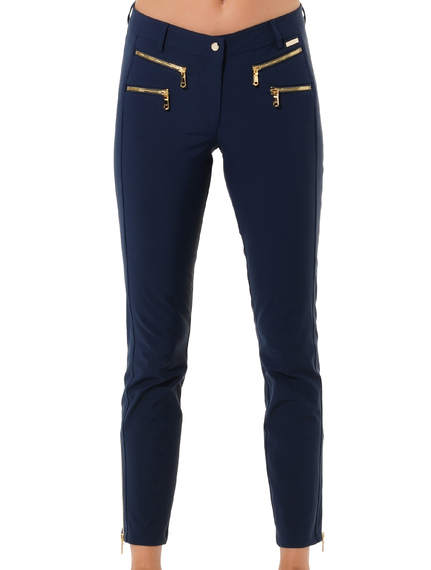 4way stretch shiny gold double zip ankle pants navy 