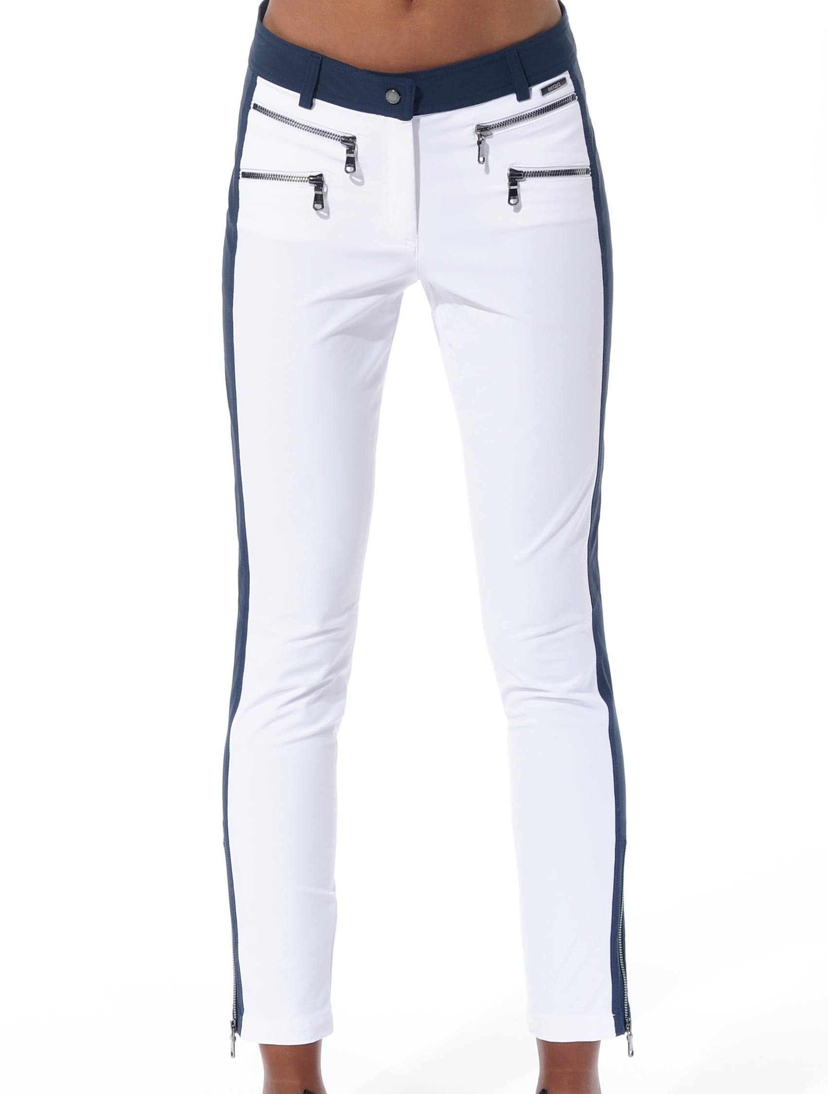 shiny stretch double zip ankle pants white/silver 