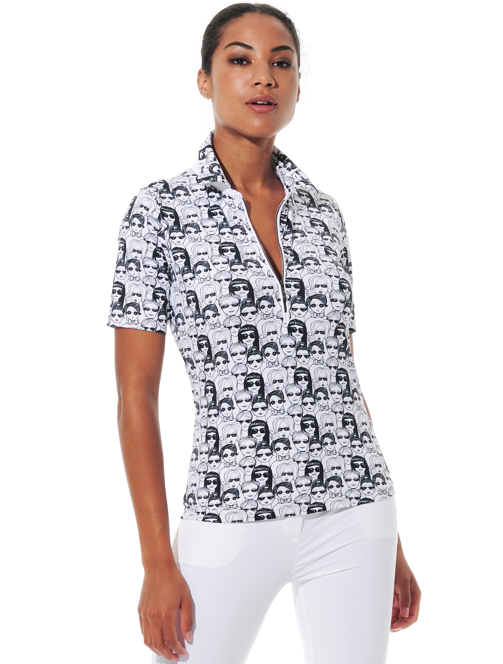 Sunglasses print zip polo shirt black/white 