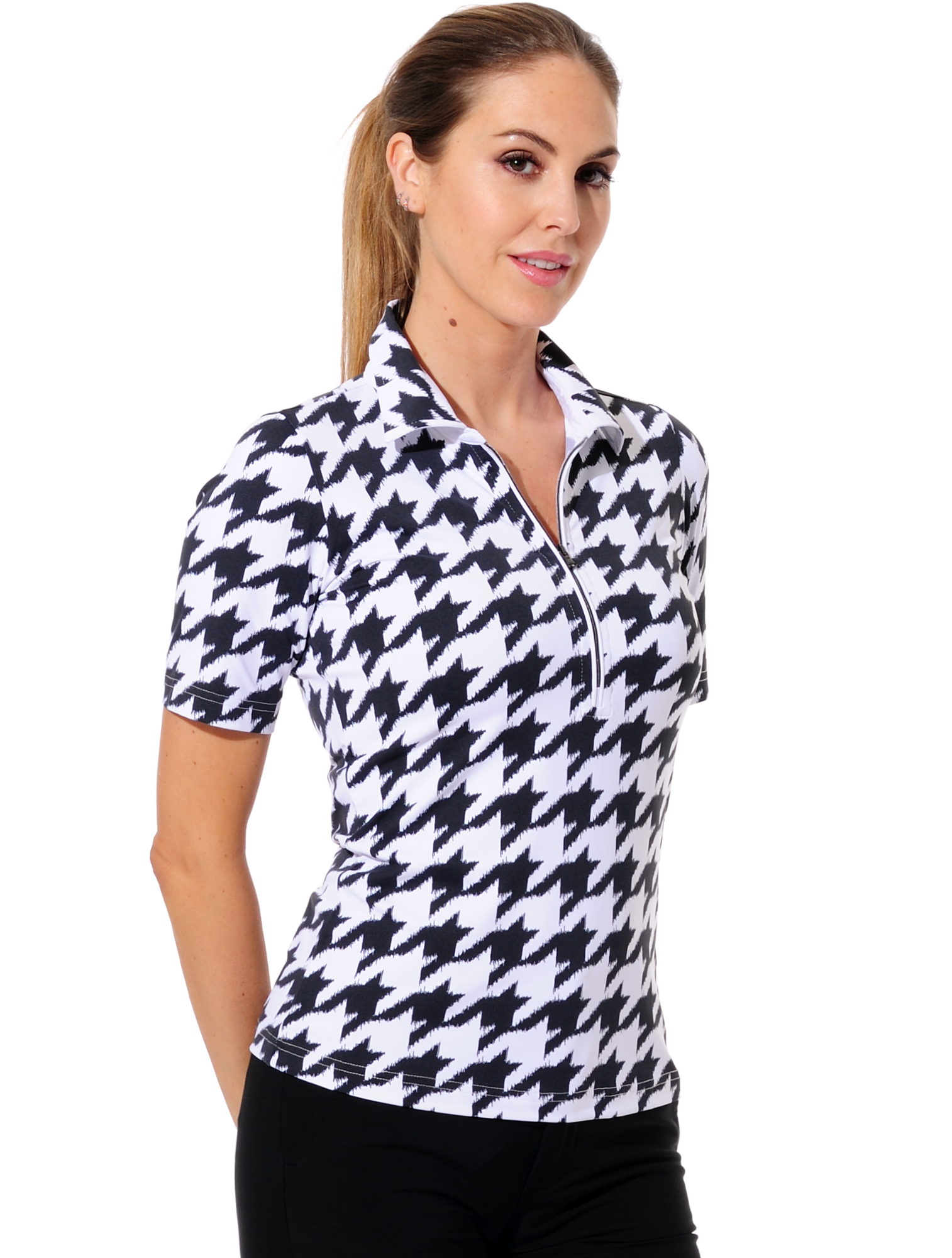 Houndstooth Print Zip Golf Poloshirt black/white