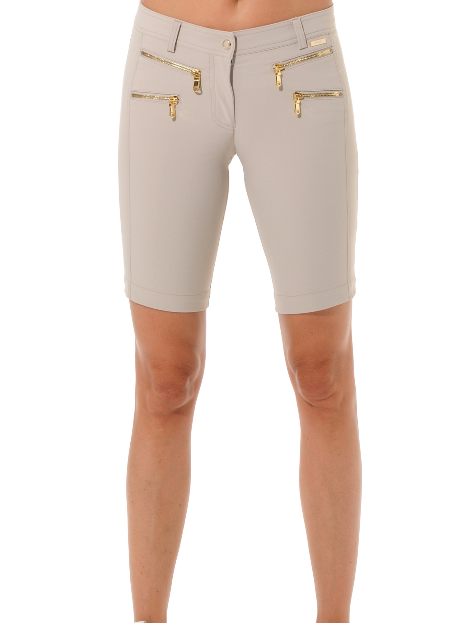 4way stretch shiny gold double zip shorts light taupe 