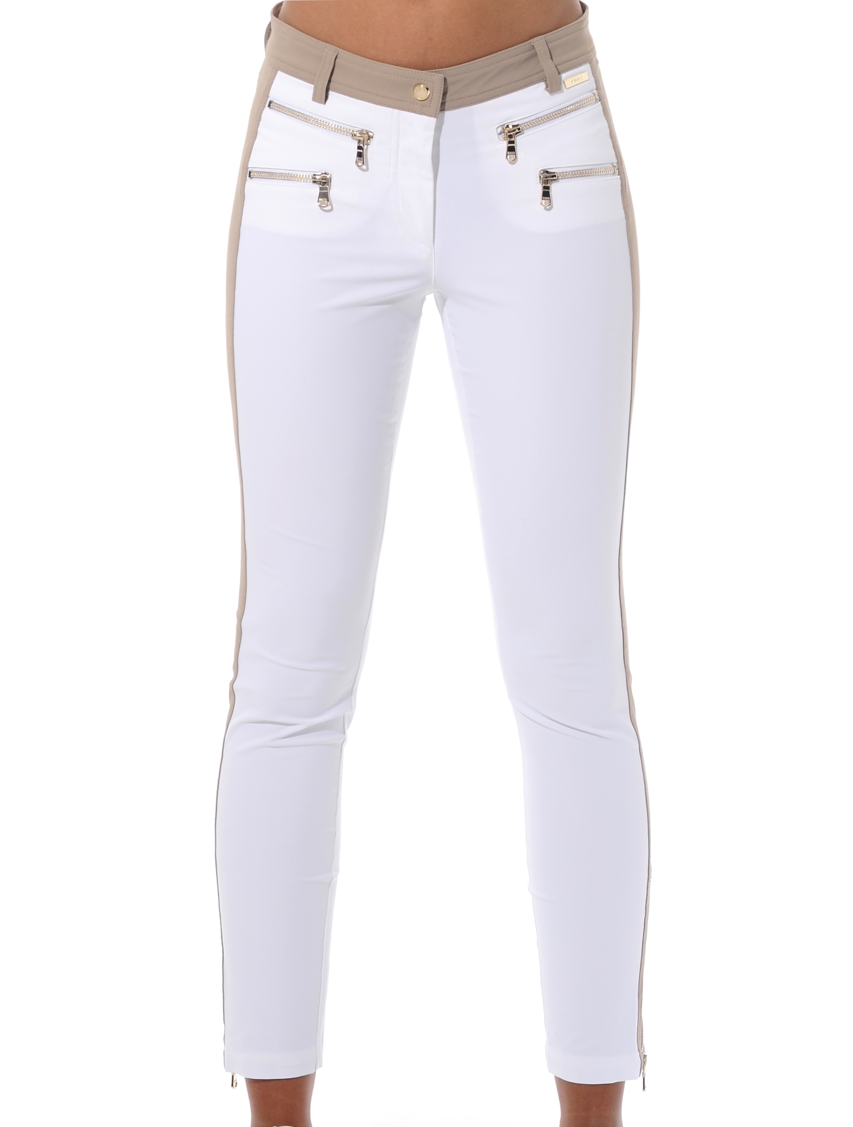 4way stretch double zip ankle pants white/taupe 