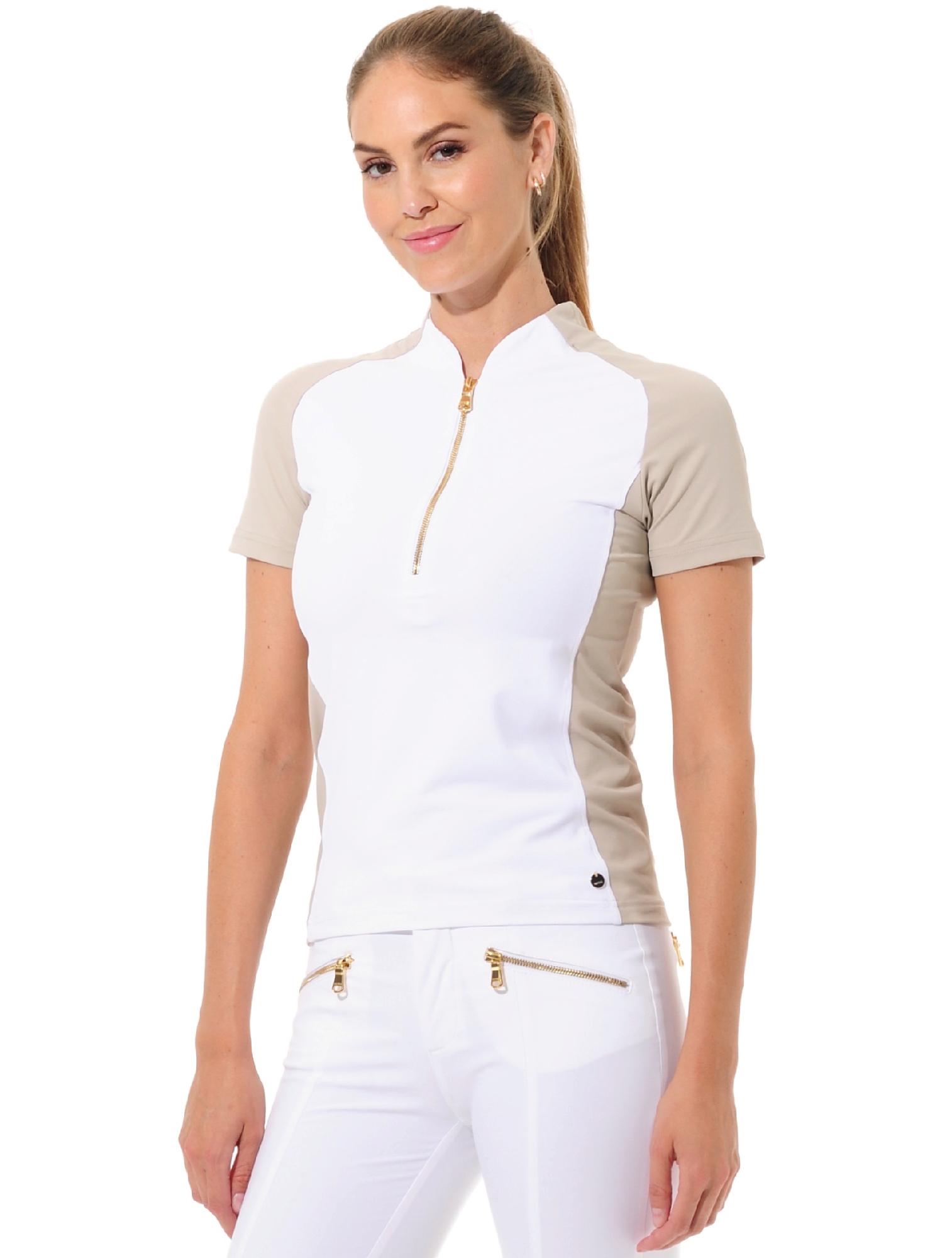 Jersey shiny gold zip polo shirt white/light taupe 