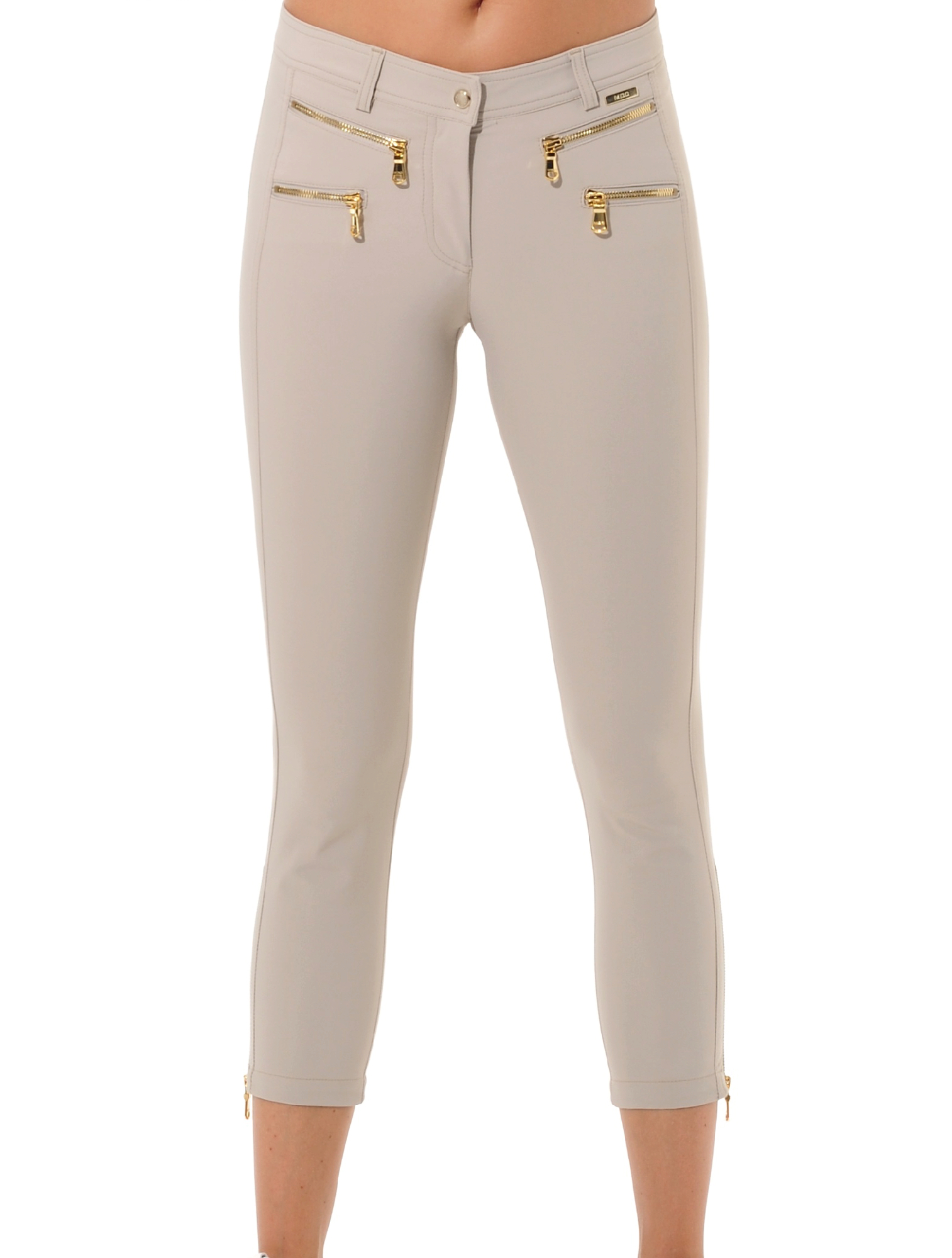 4way stretch shiny gold double zip cropped pants light taupe 