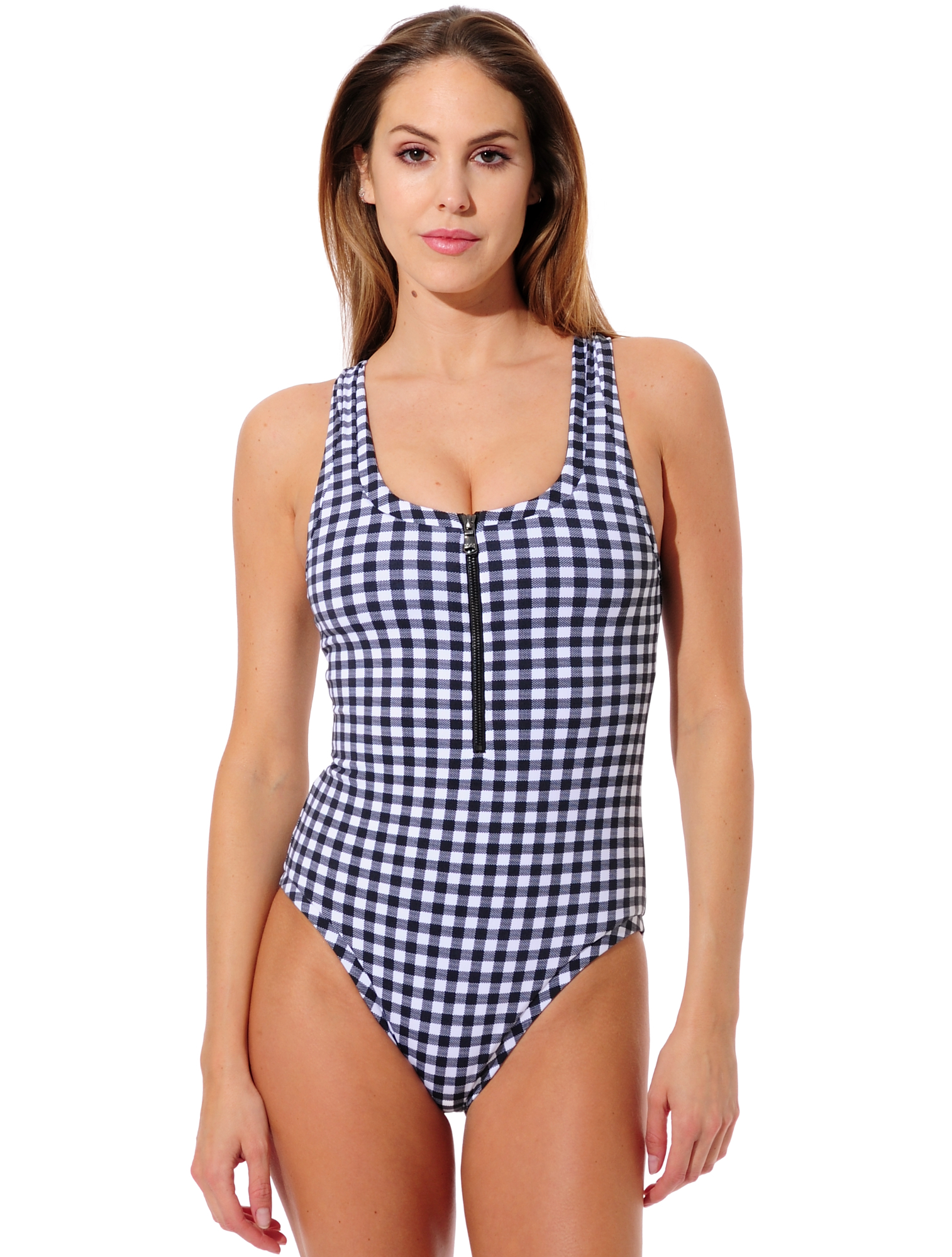 Squares Print Zip Swimsuit black/white 