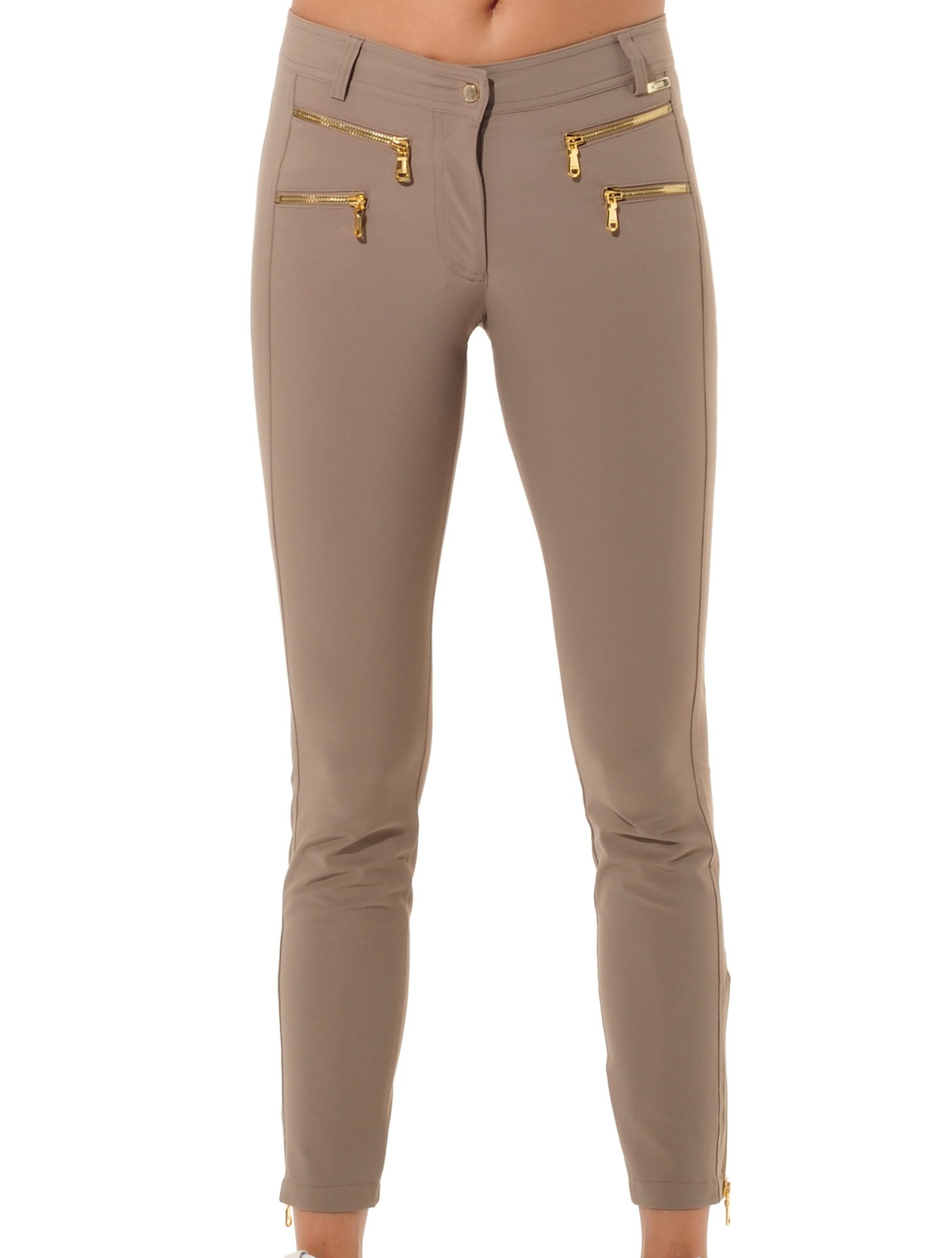 4way Stretch Shiny Gold Double Zip Ankle Pants toffee